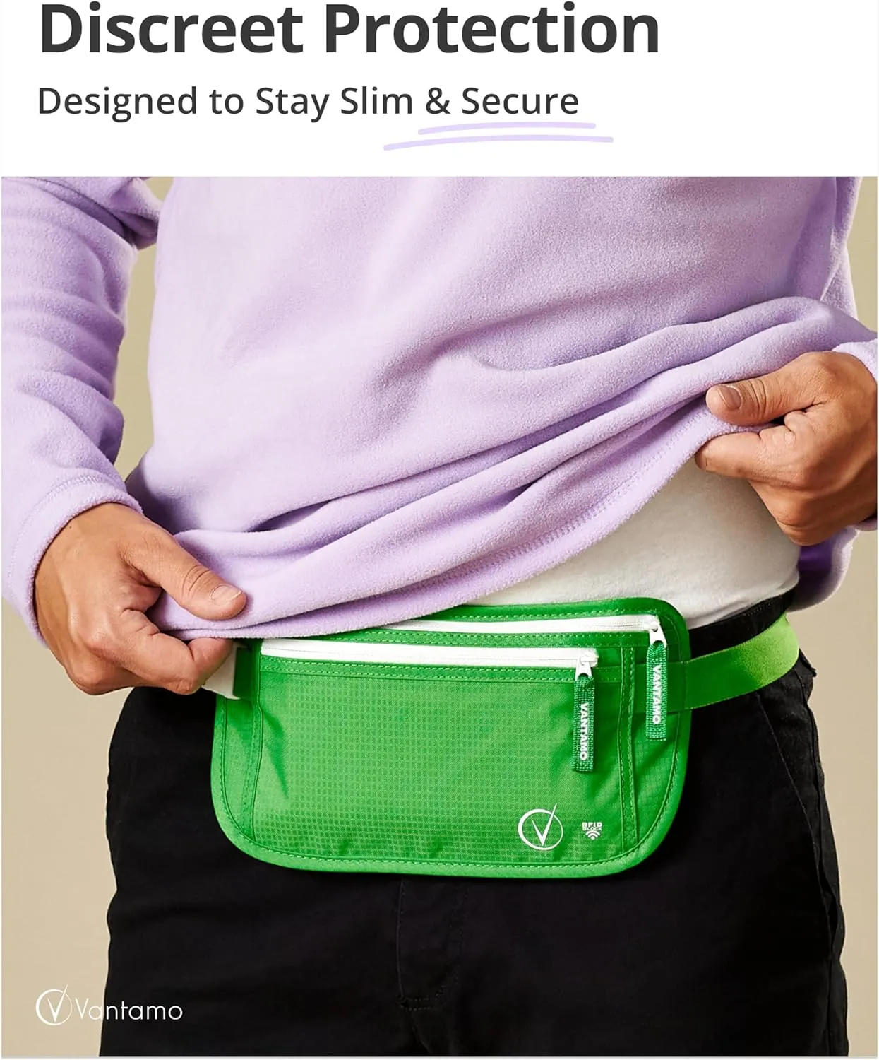 Vantamo Hidden Money Belt For Extra Safety, RFID Ultra-Thin Fanny Pack, 2 Compartment Money Bag Fits Passport & Phone