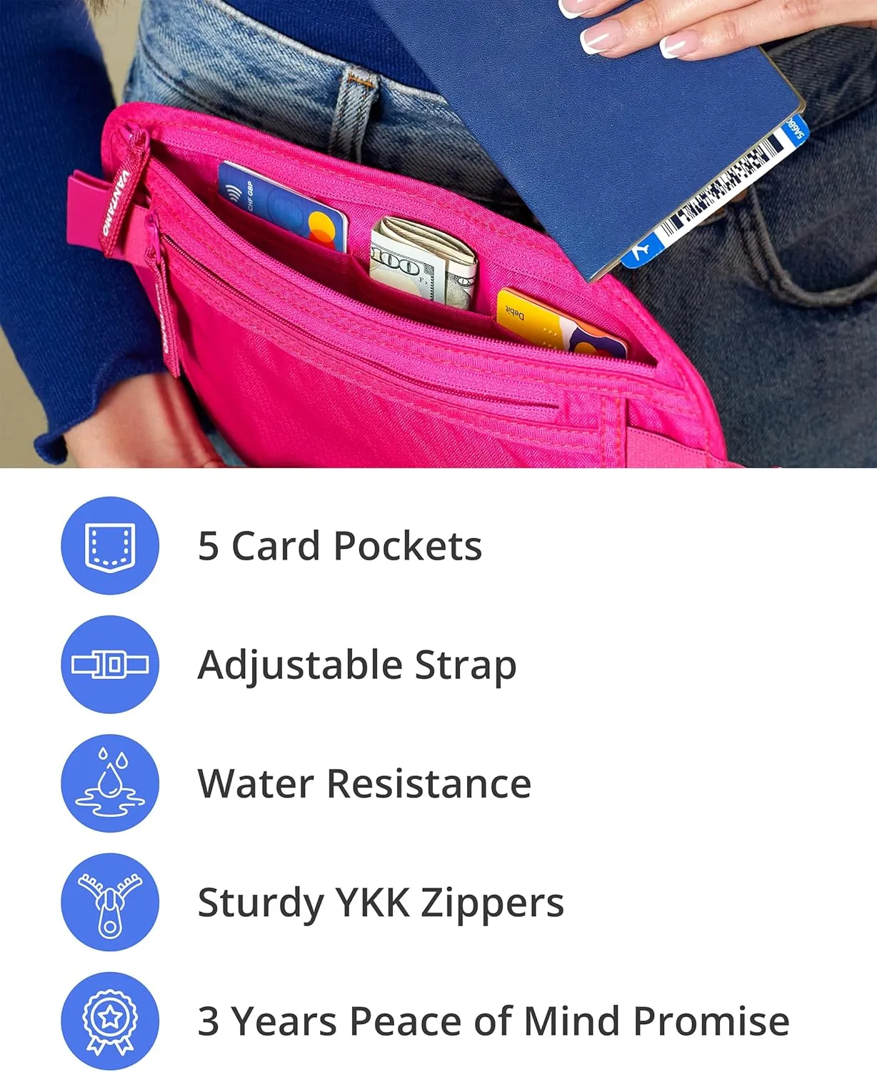 Vantamo Hidden Money Belt For Extra Safety, RFID Ultra-Thin Fanny Pack, 2 Compartment Money Bag Fits Passport & Phone