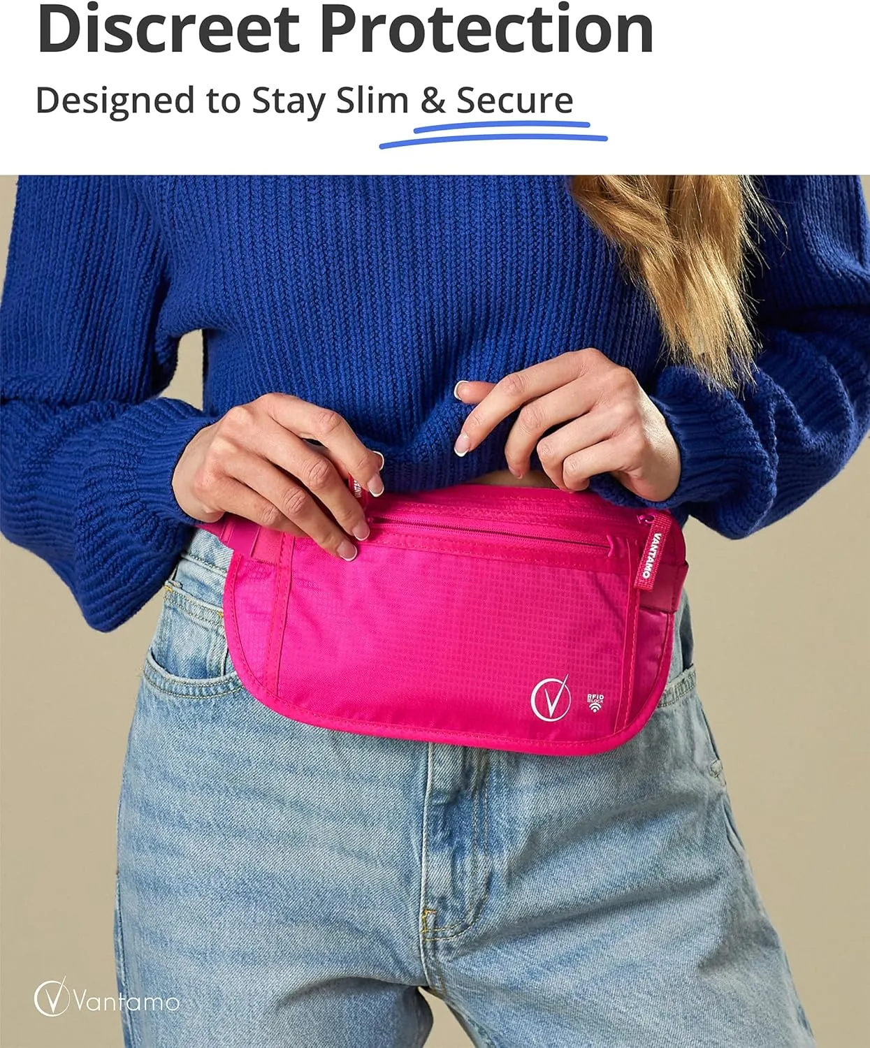 Vantamo Hidden Money Belt For Extra Safety, RFID Ultra-Thin Fanny Pack, 2 Compartment Money Bag Fits Passport & Phone