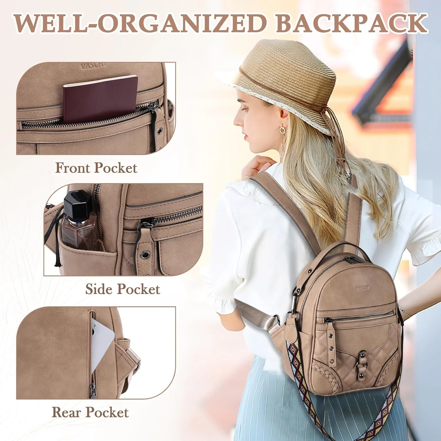 VASCHY Small Backpack Purse for Women, Cute Vegen Leather Mini Backpack for Lady with Guitar Shoulder Bag Handbag Strap Apricot