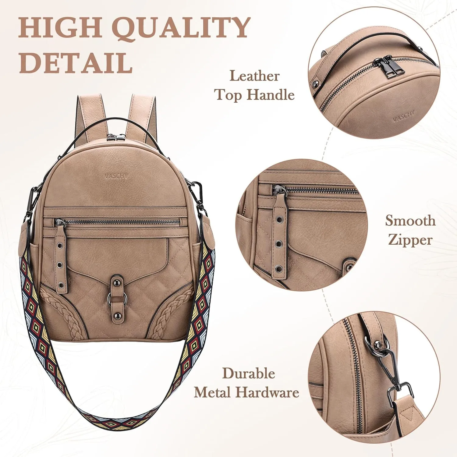 VASCHY Small Backpack Purse for Women, Cute Vegen Leather Mini Backpack for Lady with Guitar Shoulder Bag Handbag Strap Apricot