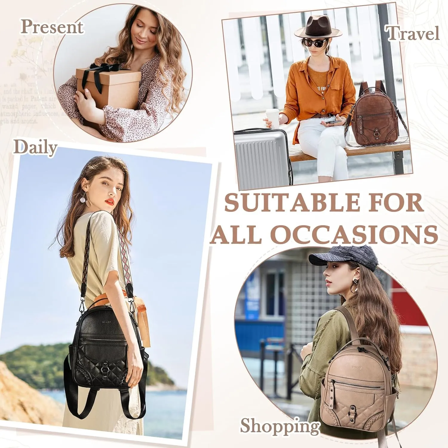 VASCHY Small Backpack Purse for Women, Cute Vegen Leather Mini Backpack for Lady with Guitar Shoulder Bag Handbag Strap Apricot