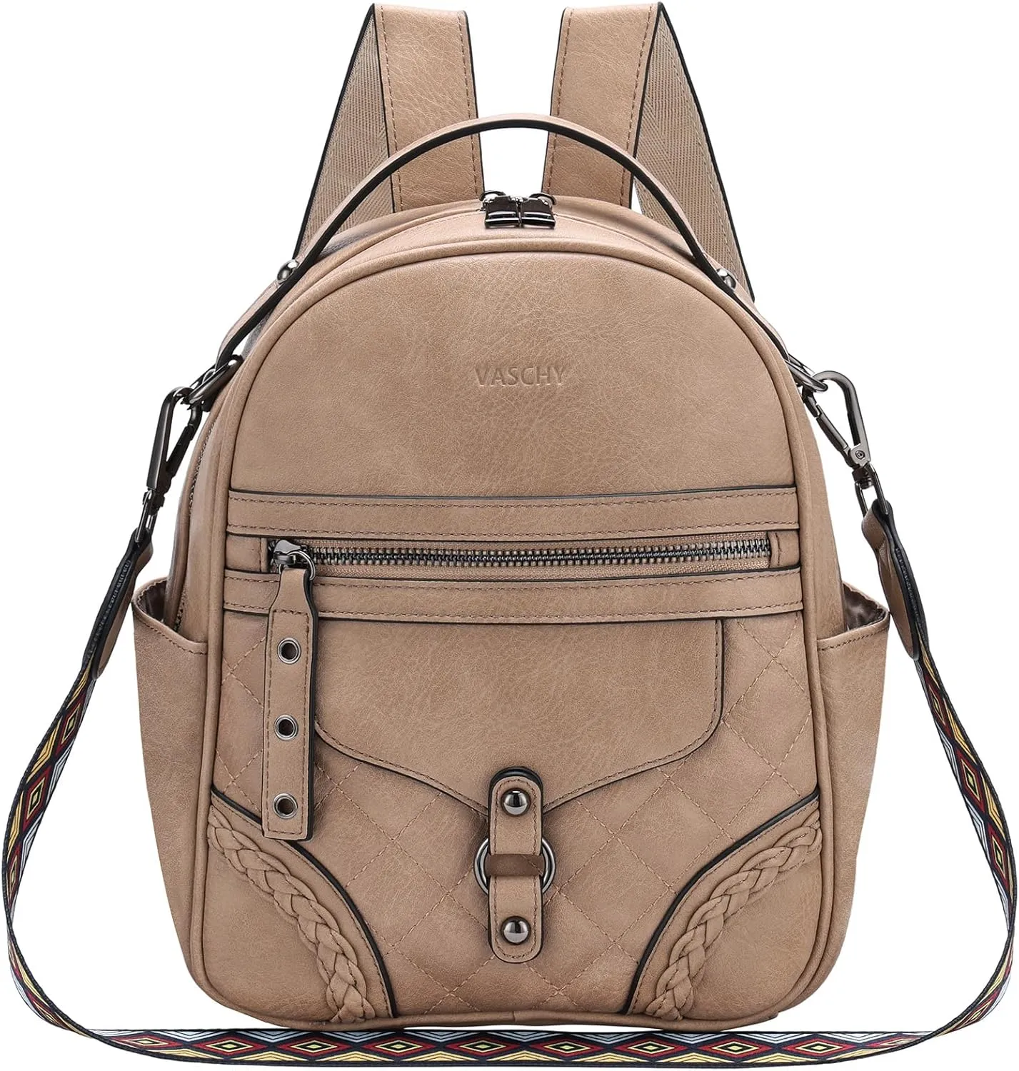 VASCHY Small Backpack Purse for Women, Cute Vegen Leather Mini Backpack for Lady with Guitar Shoulder Bag Handbag Strap Apricot