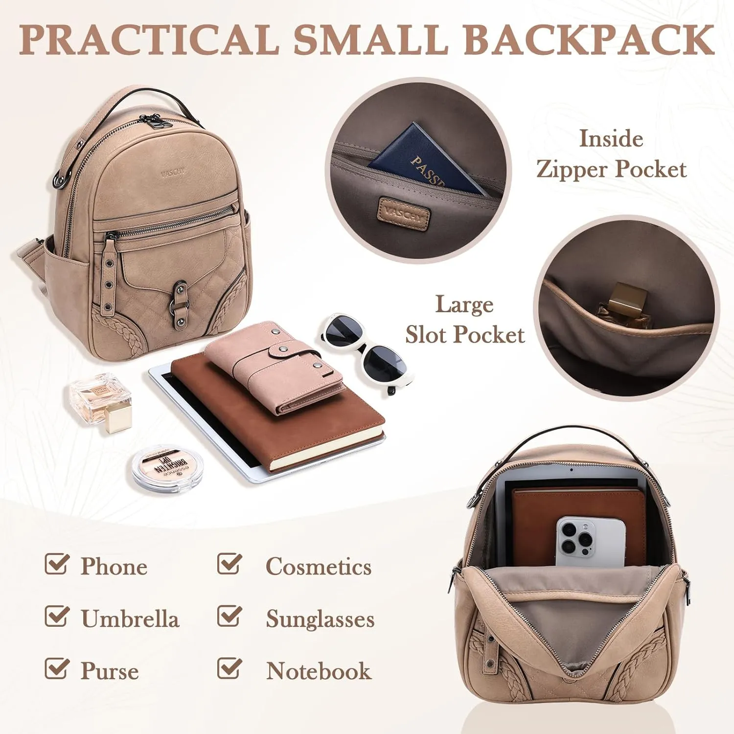VASCHY Small Backpack Purse for Women, Cute Vegen Leather Mini Backpack for Lady with Guitar Shoulder Bag Handbag Strap Apricot