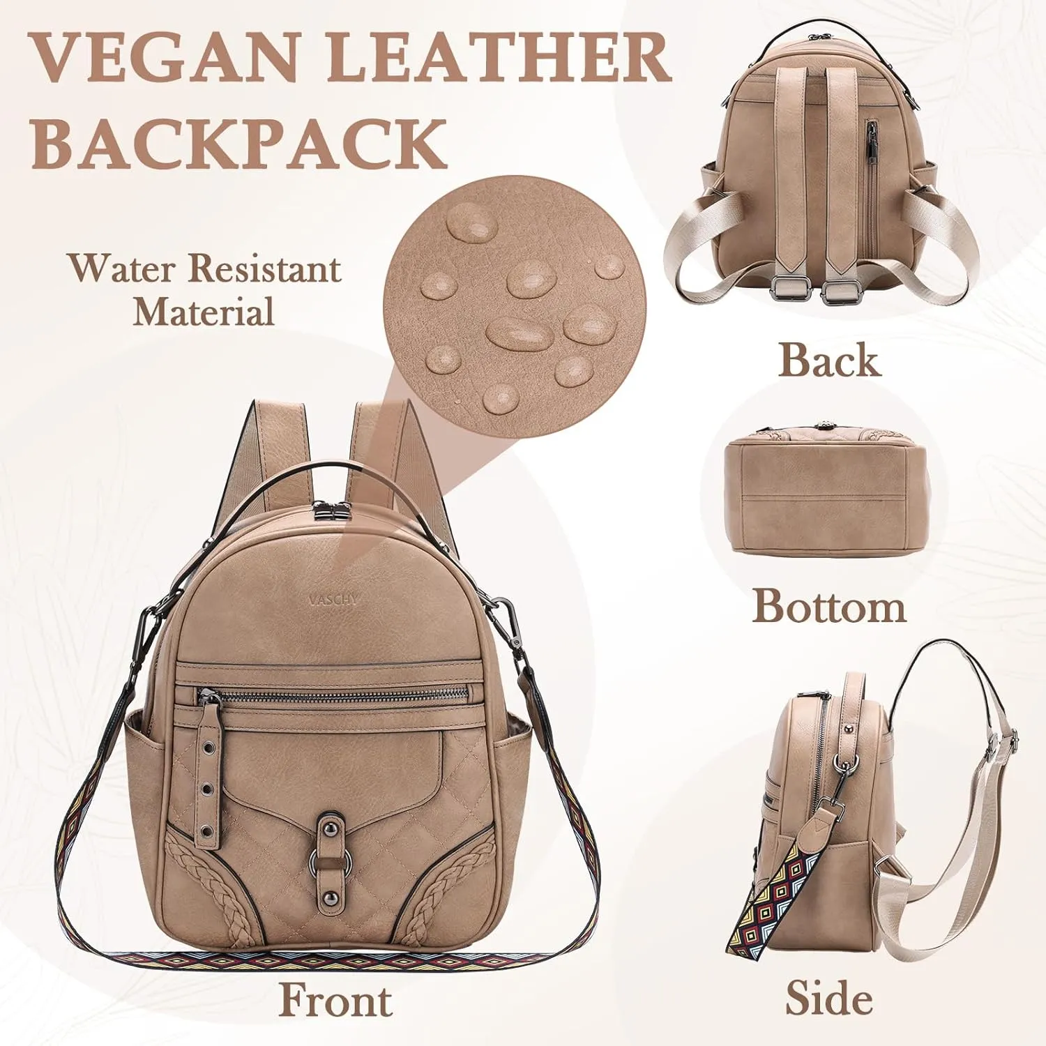 VASCHY Small Backpack Purse for Women, Cute Vegen Leather Mini Backpack for Lady with Guitar Shoulder Bag Handbag Strap Apricot
