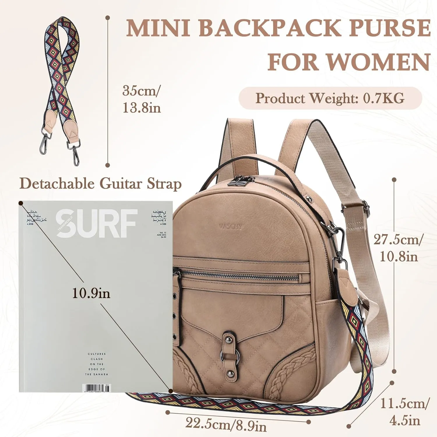 VASCHY Small Backpack Purse for Women, Cute Vegen Leather Mini Backpack for Lady with Guitar Shoulder Bag Handbag Strap Apricot