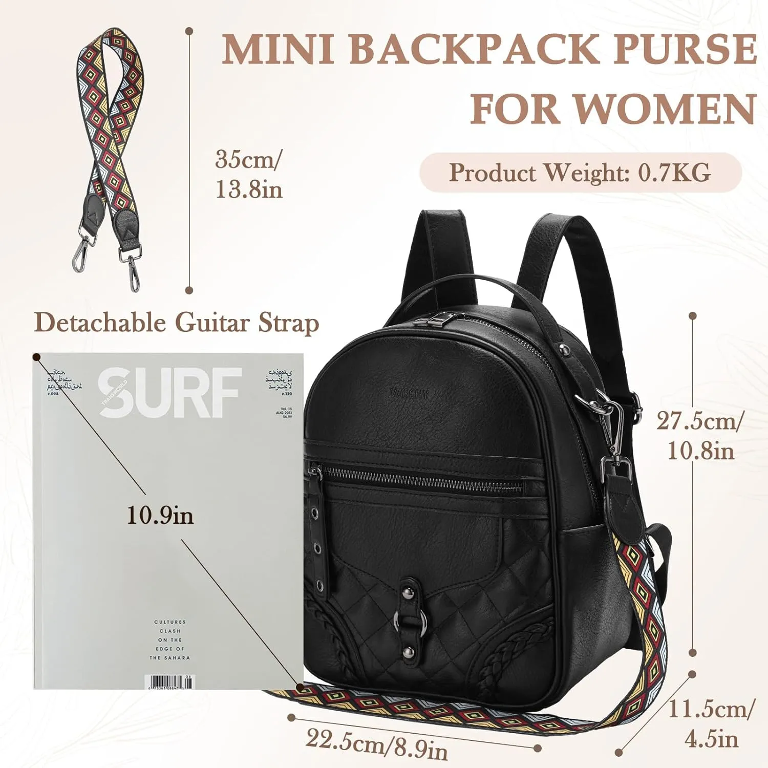 VASCHY Small Backpack Purse for Women, Cute Vegen Leather Mini Backpack for Lady with Guitar Shoulder Bag Handbag Strap Black