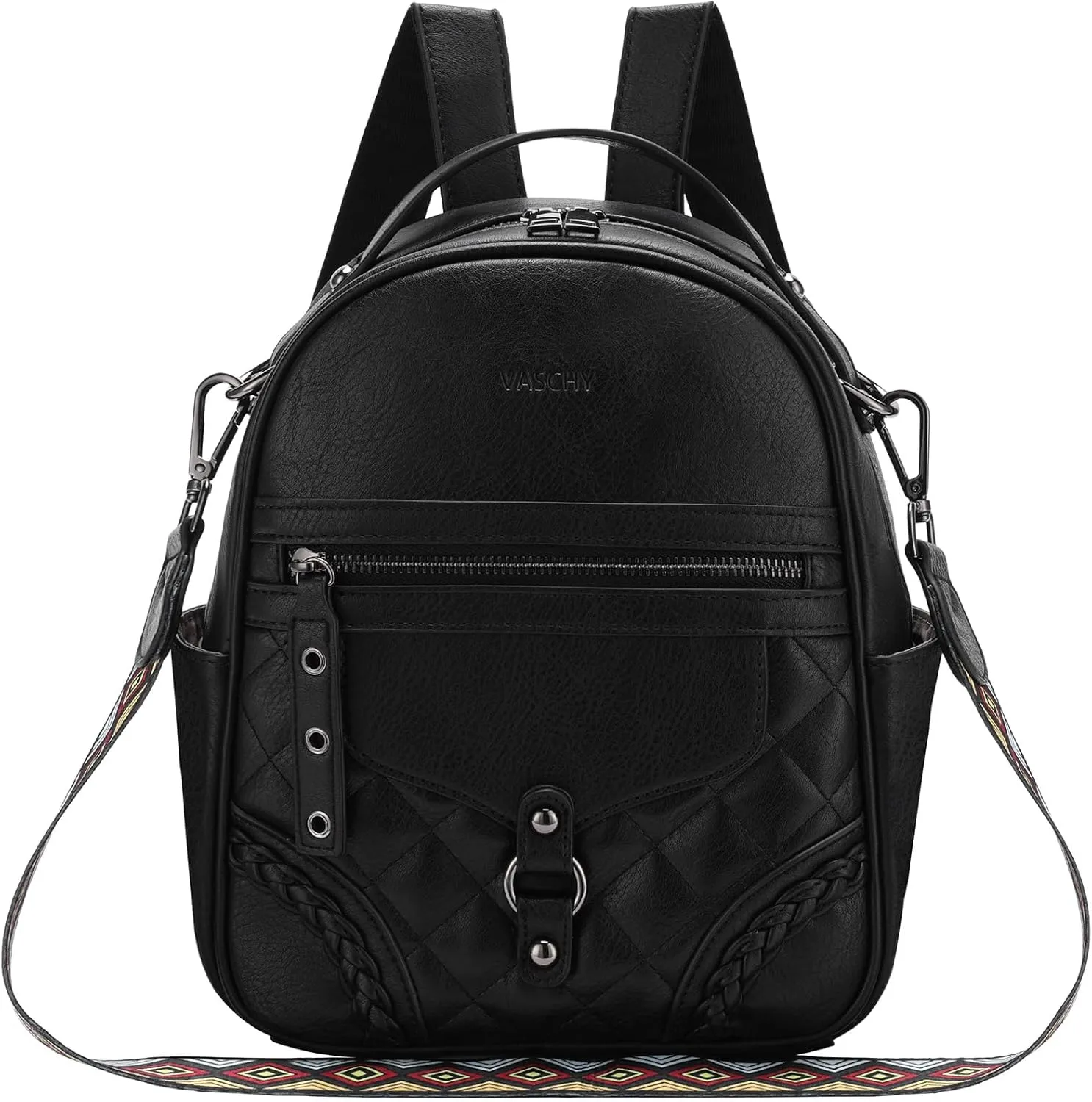 VASCHY Small Backpack Purse for Women, Cute Vegen Leather Mini Backpack for Lady with Guitar Shoulder Bag Handbag Strap Black
