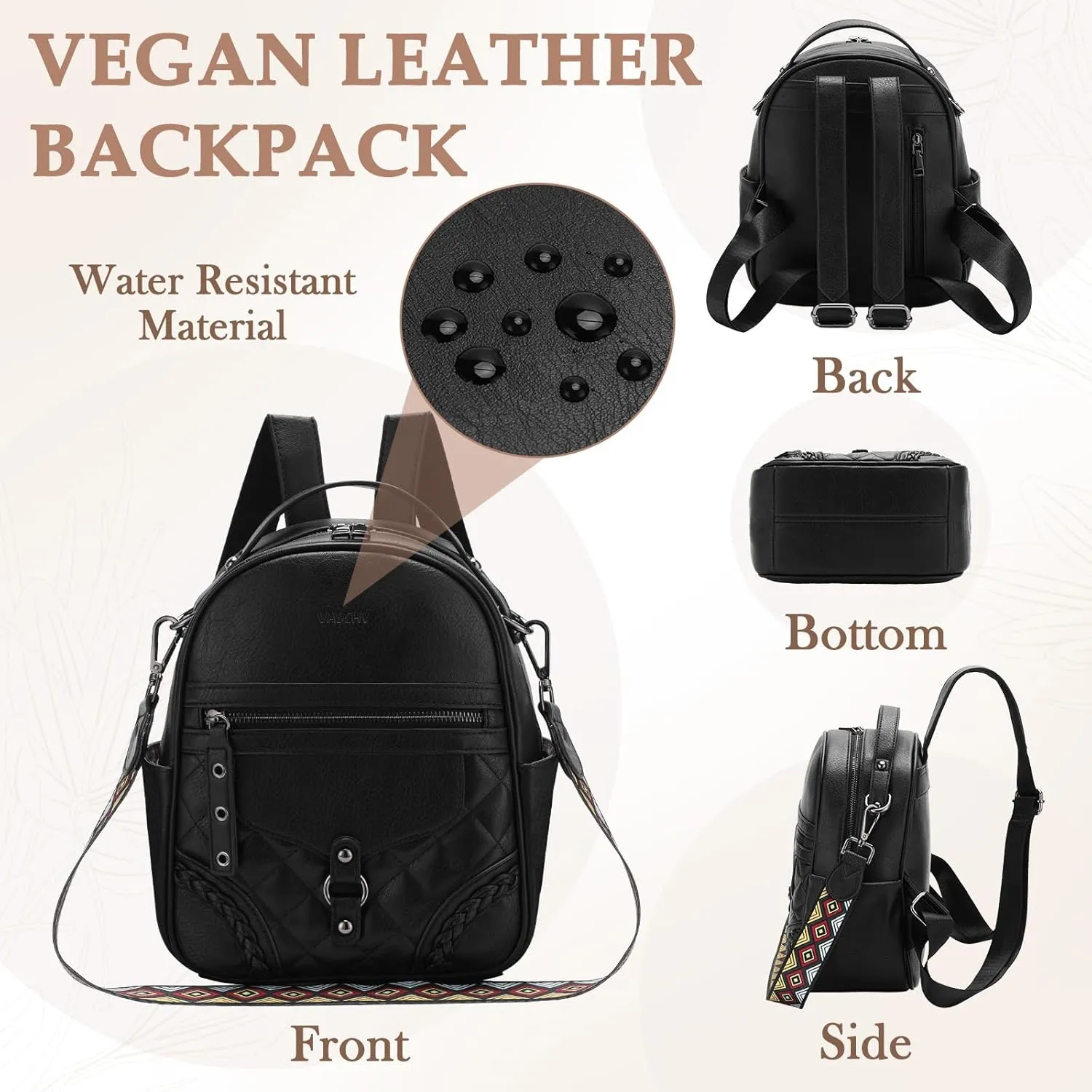 VASCHY Small Backpack Purse for Women, Cute Vegen Leather Mini Backpack for Lady with Guitar Shoulder Bag Handbag Strap Black