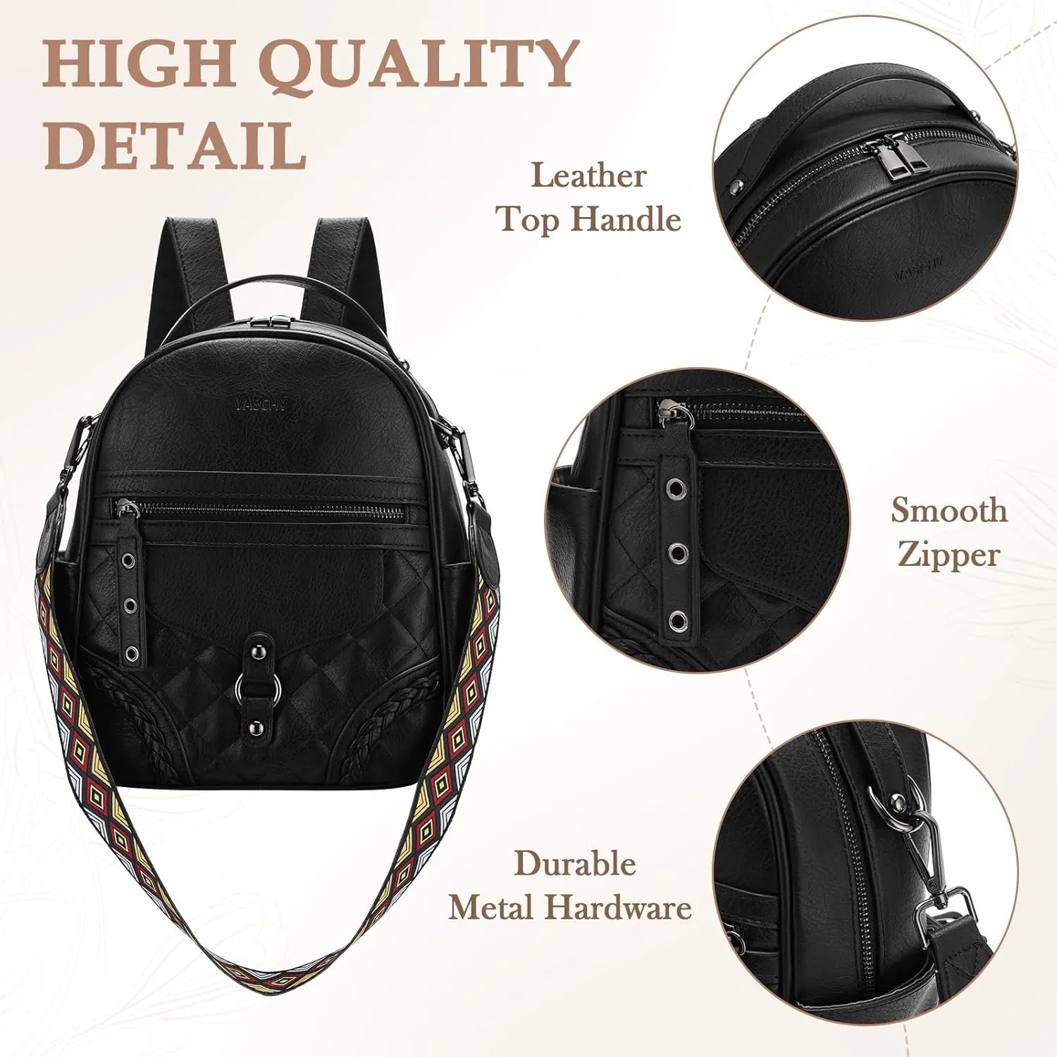 VASCHY Small Backpack Purse for Women, Cute Vegen Leather Mini Backpack for Lady with Guitar Shoulder Bag Handbag Strap Black