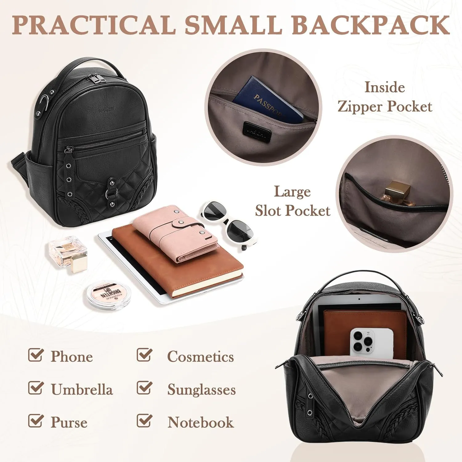 VASCHY Small Backpack Purse for Women, Cute Vegen Leather Mini Backpack for Lady with Guitar Shoulder Bag Handbag Strap Black