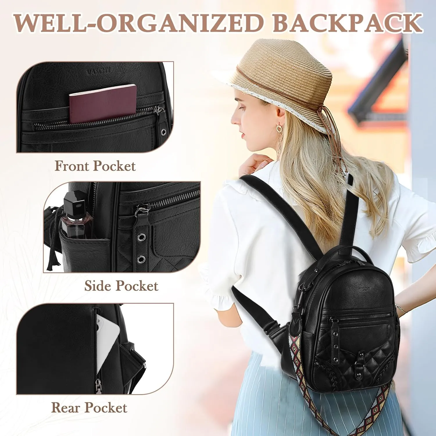 VASCHY Small Backpack Purse for Women, Cute Vegen Leather Mini Backpack for Lady with Guitar Shoulder Bag Handbag Strap Black