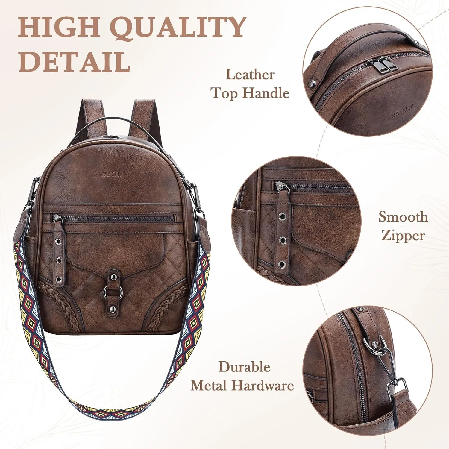 VASCHY Small Backpack Purse for Women, Cute Vegen Leather Mini Backpack for Lady with Guitar Shoulder Bag Handbag Strap Coffee