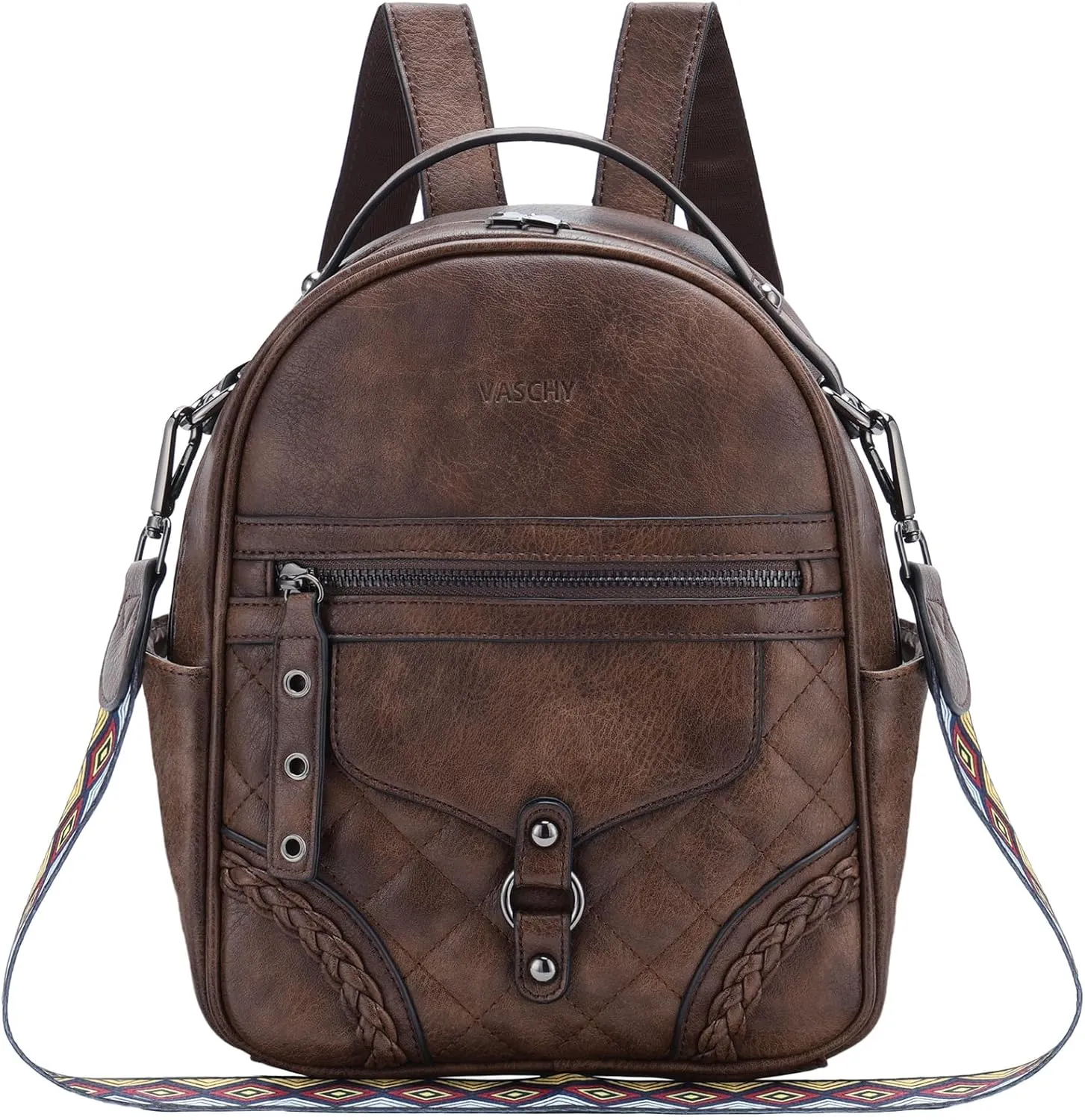 VASCHY Small Backpack Purse for Women, Cute Vegen Leather Mini Backpack for Lady with Guitar Shoulder Bag Handbag Strap Coffee