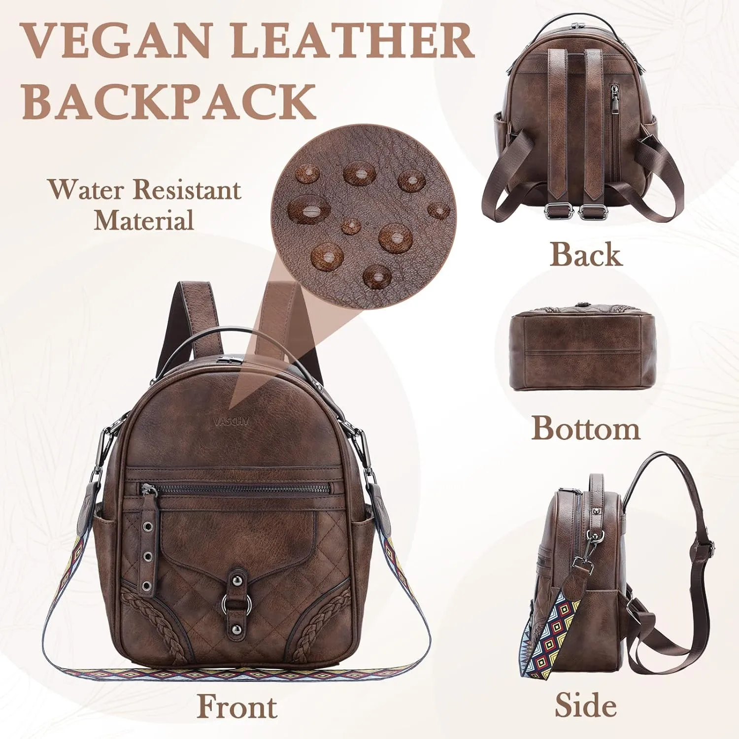 VASCHY Small Backpack Purse for Women, Cute Vegen Leather Mini Backpack for Lady with Guitar Shoulder Bag Handbag Strap Coffee