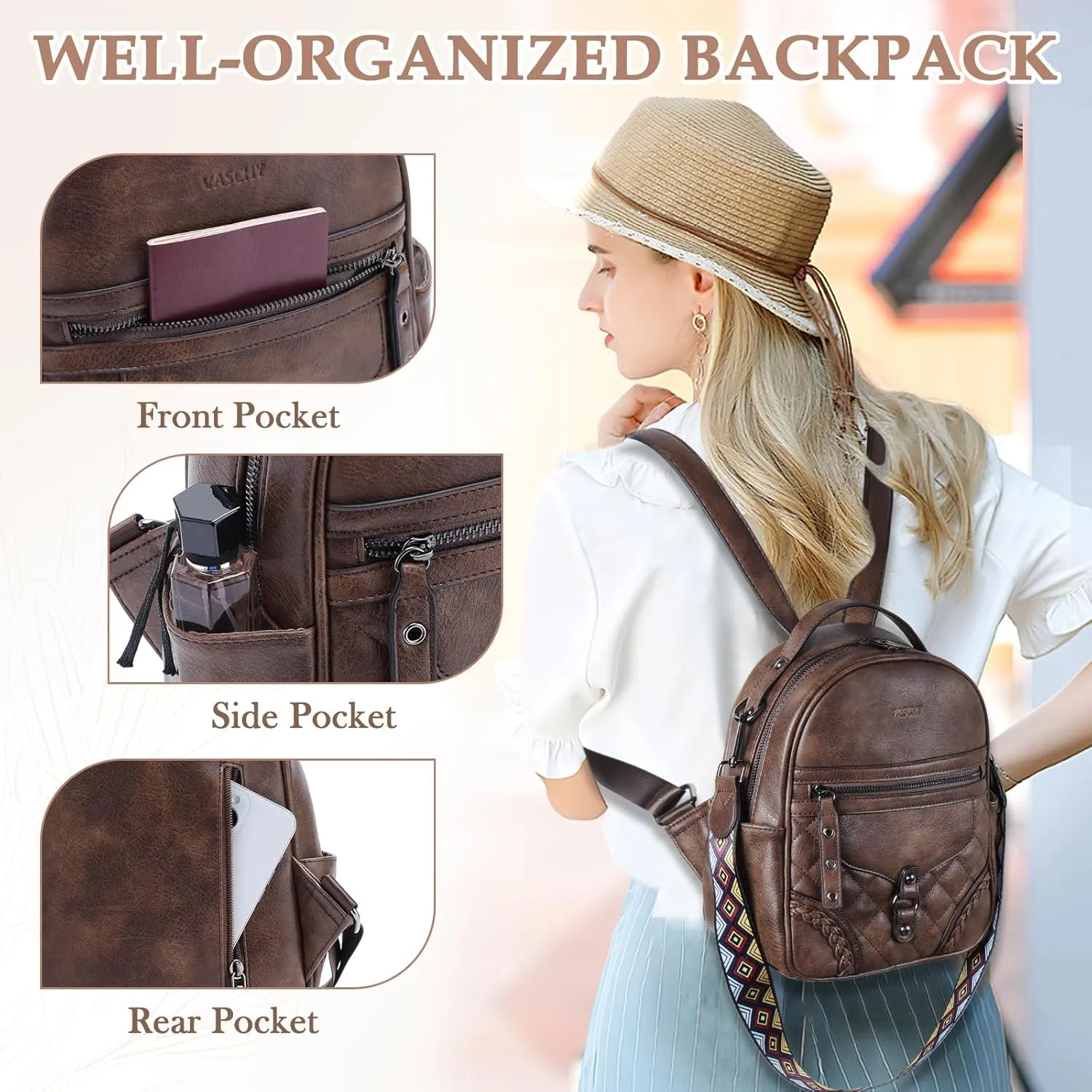 VASCHY Small Backpack Purse for Women, Cute Vegen Leather Mini Backpack for Lady with Guitar Shoulder Bag Handbag Strap Coffee