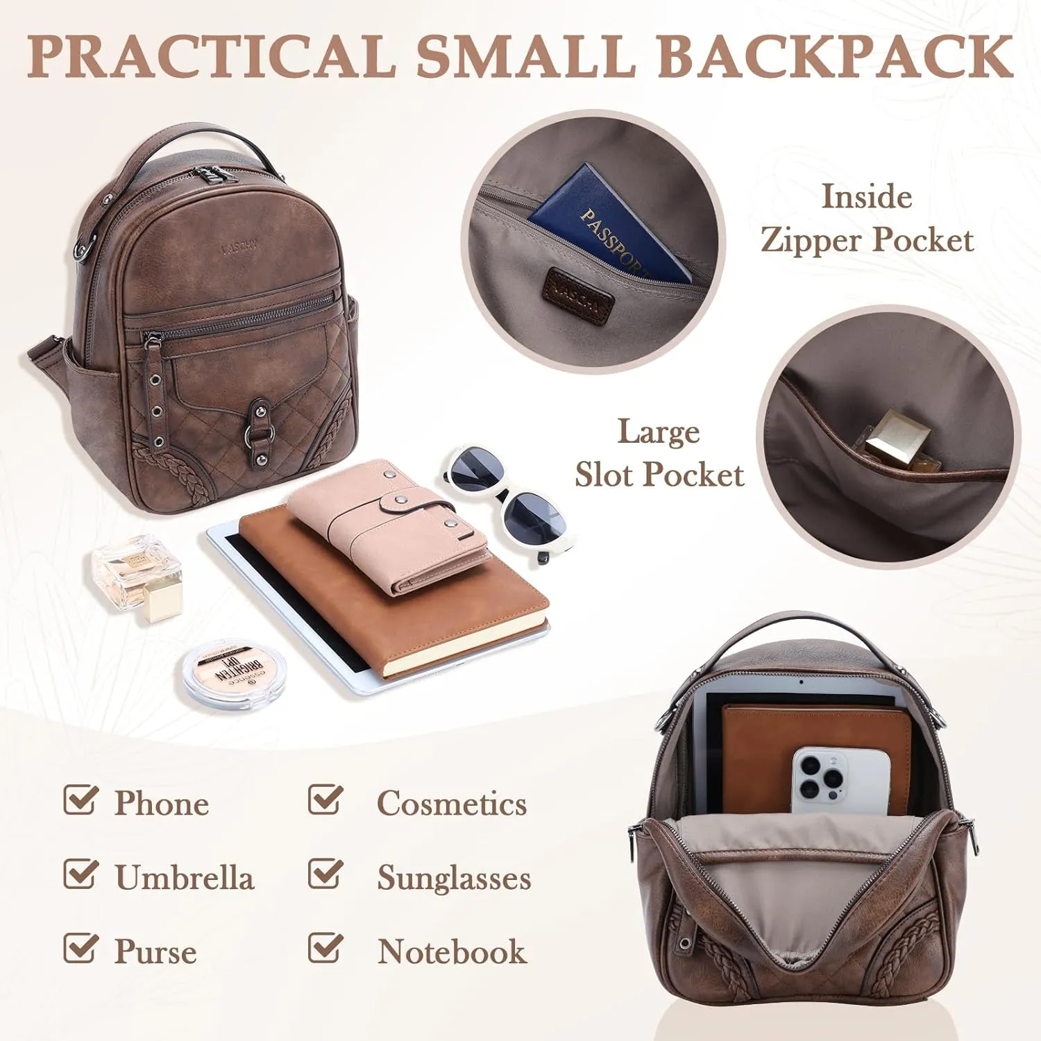 VASCHY Small Backpack Purse for Women, Cute Vegen Leather Mini Backpack for Lady with Guitar Shoulder Bag Handbag Strap Coffee