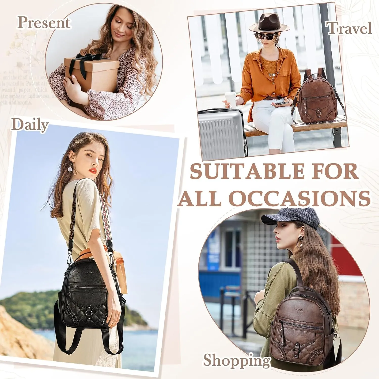 VASCHY Small Backpack Purse for Women, Cute Vegen Leather Mini Backpack for Lady with Guitar Shoulder Bag Handbag Strap Coffee