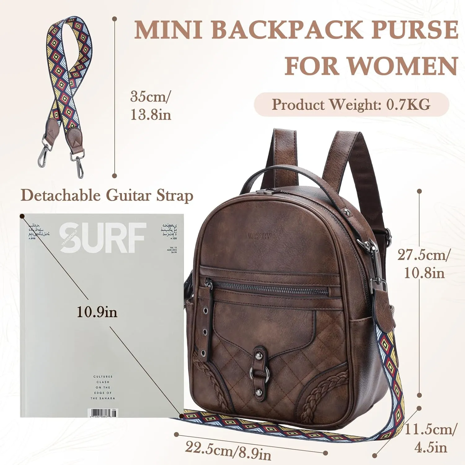 VASCHY Small Backpack Purse for Women, Cute Vegen Leather Mini Backpack for Lady with Guitar Shoulder Bag Handbag Strap Coffee