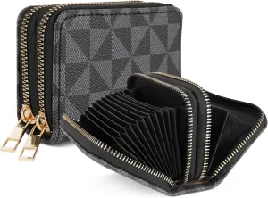 Veki Women's Credit Card Holder, RFID Leather Zipper Wallet, Small Zipper Card Case for Men and Women (Double Layer-Black)