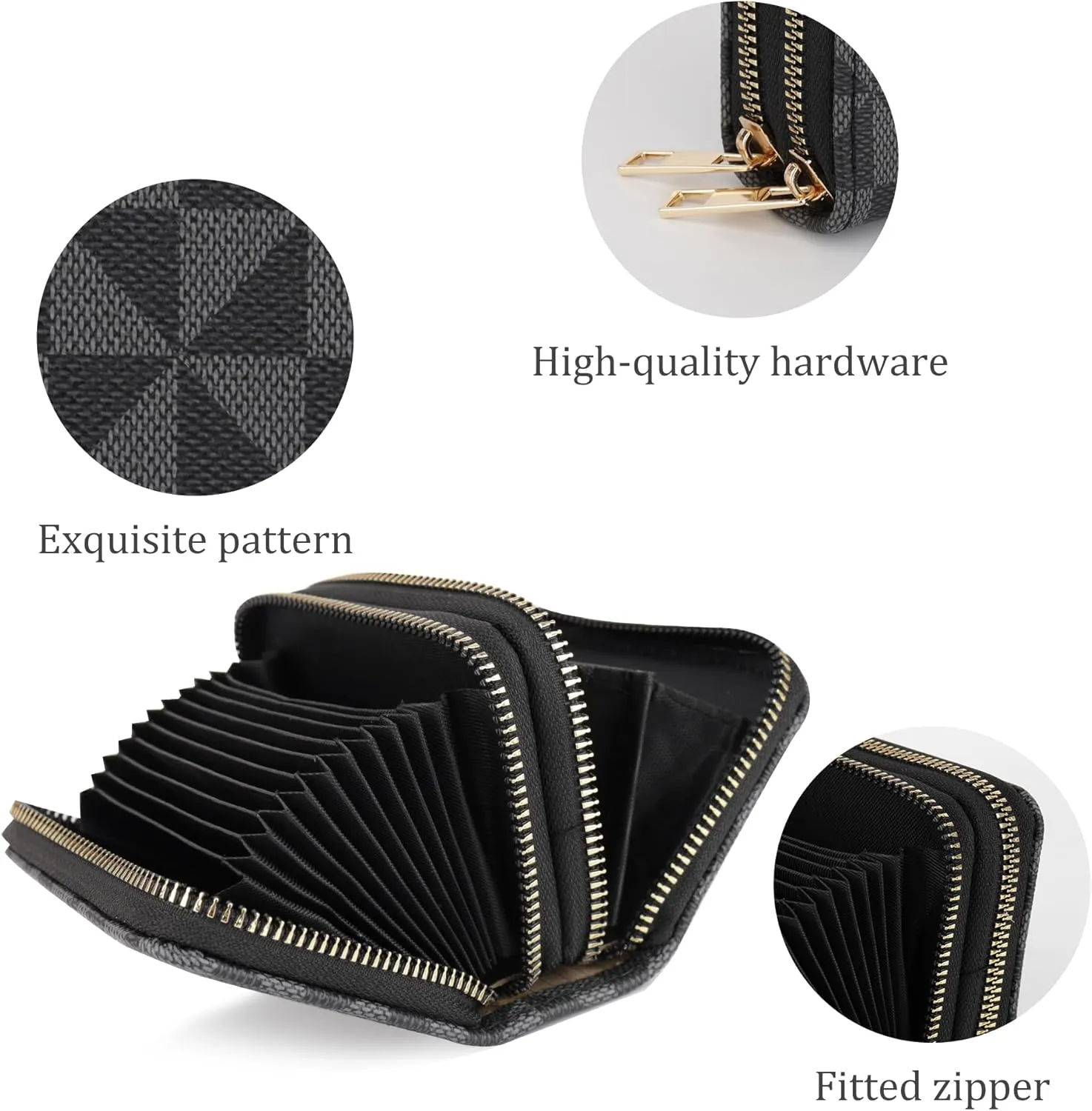 Veki Women's Credit Card Holder, RFID Leather Zipper Wallet, Small Zipper Card Case for Men and Women (Double Layer-Black)