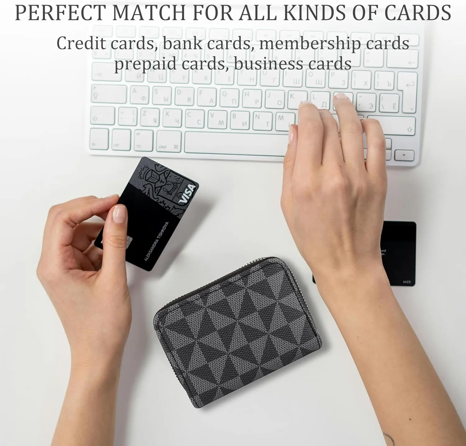Veki Women's Credit Card Holder, RFID Leather Zipper Wallet, Small Zipper Card Case for Men and Women (Double Layer-Black)