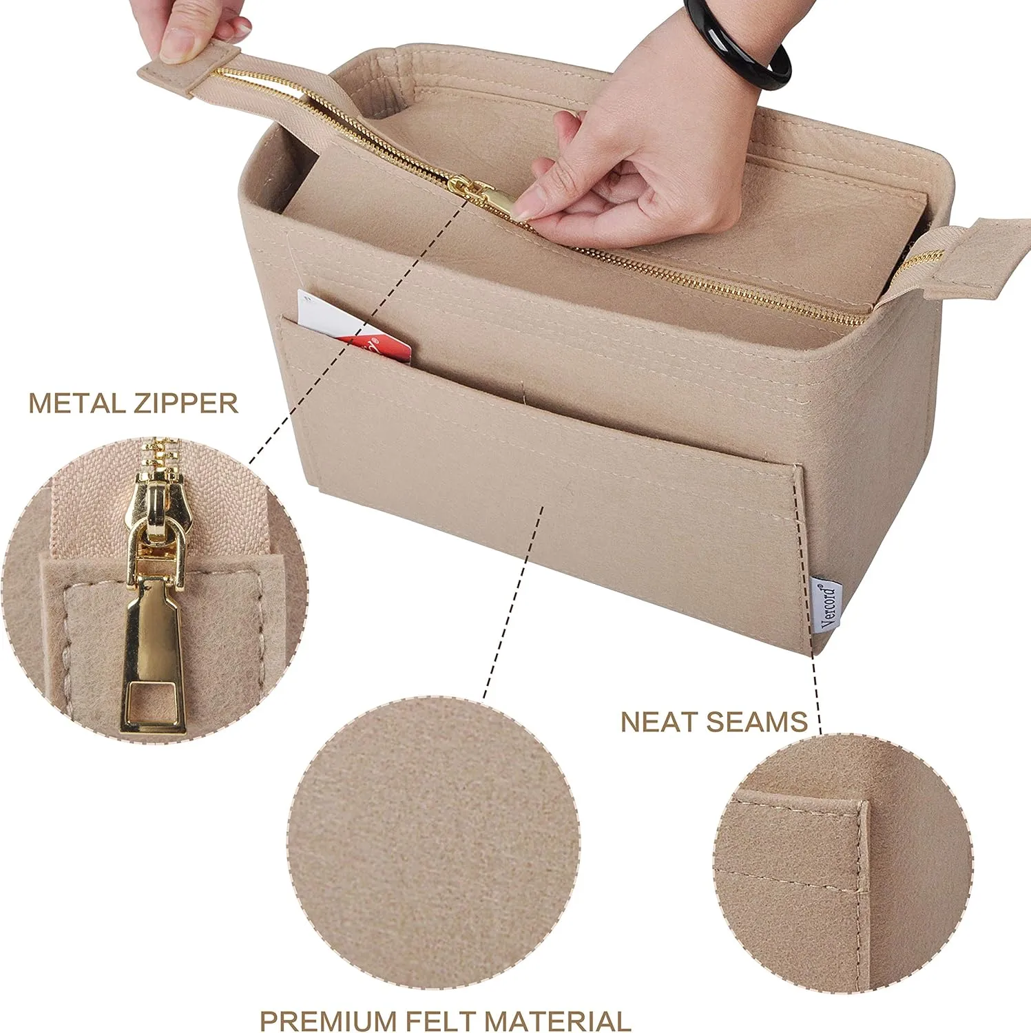 Vercord Felt Zipper Handbag Tote Purse Duffel Backpack Organizer Insert Beige Large