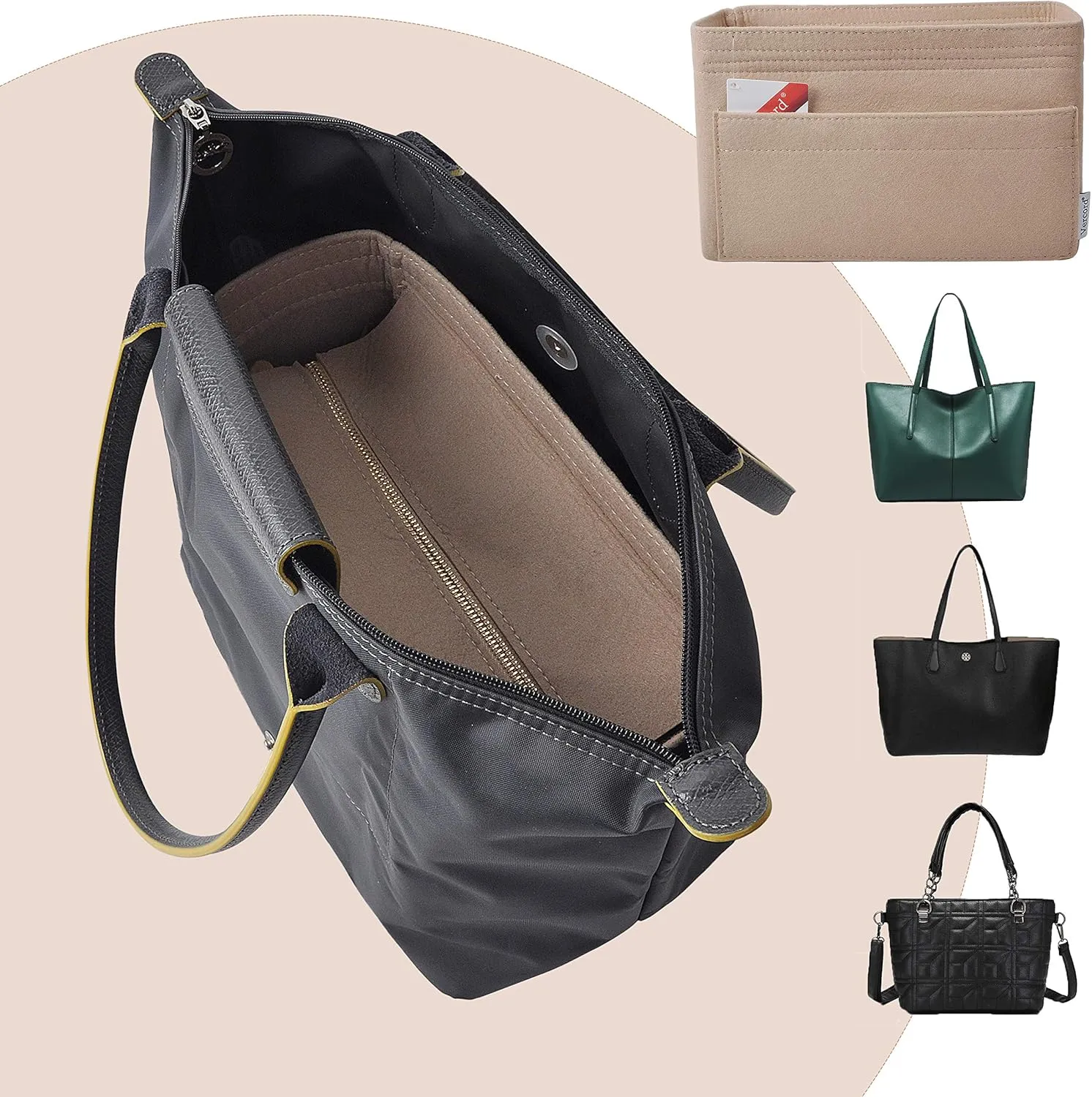 Vercord Felt Zipper Handbag Tote Purse Duffel Backpack Organizer Insert Beige Large