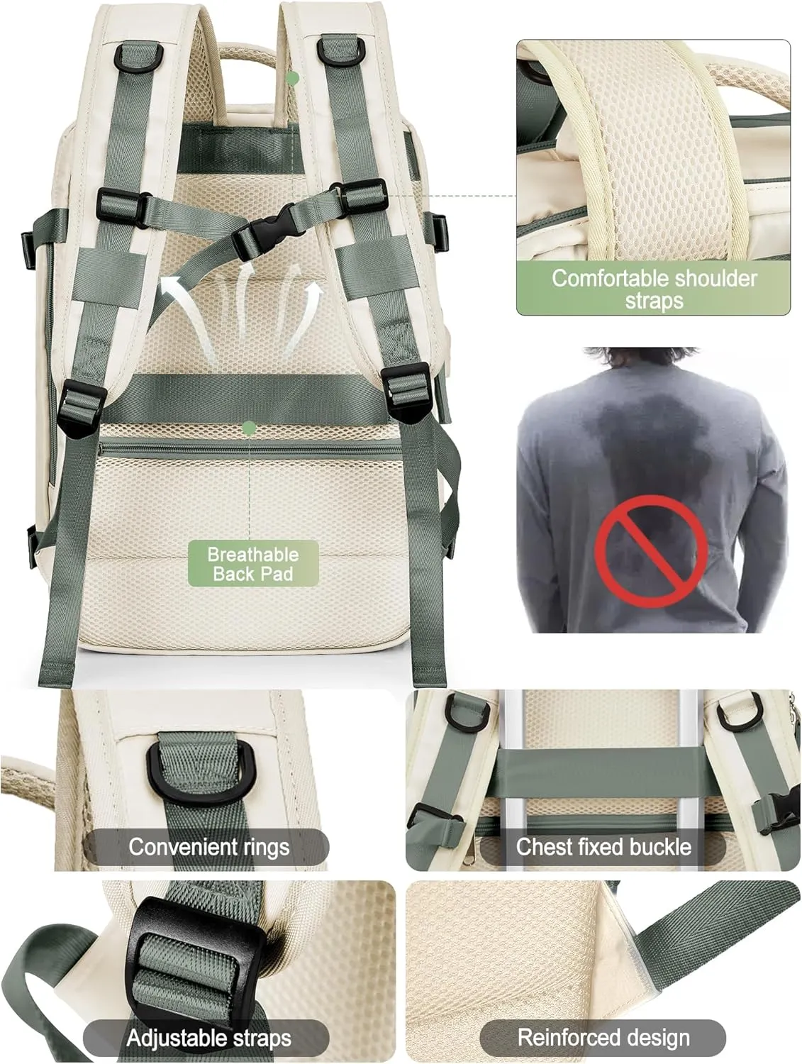 VGCUB Large Travel Backpack Bag for Women Men,Carry on Backpack,17 Inch Laptop Business Work Waterproof Backpack with Laptop Compartment,Person Item Flight Approved,Mochila de Viaje,Beige with Green
