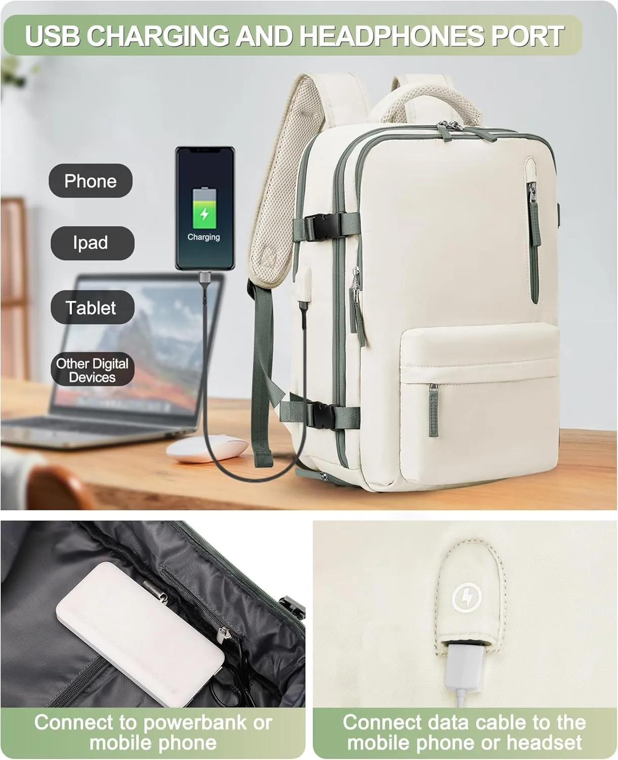VGCUB Large Travel Backpack Bag for Women Men,Carry on Backpack,17 Inch Laptop Business Work Waterproof Backpack with Laptop Compartment,Person Item Flight Approved,Mochila de Viaje,Beige with Green