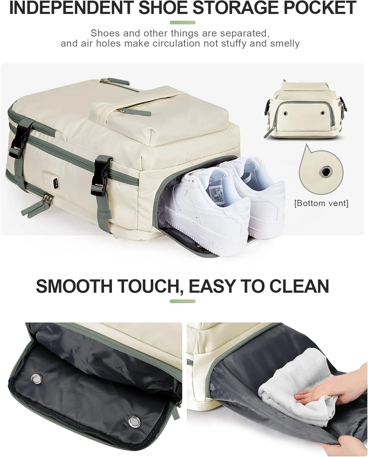 VGCUB Large Travel Backpack Bag for Women Men,Carry on Backpack,17 Inch Laptop Business Work Waterproof Backpack with Laptop Compartment,Person Item Flight Approved,Mochila de Viaje,Beige with Green