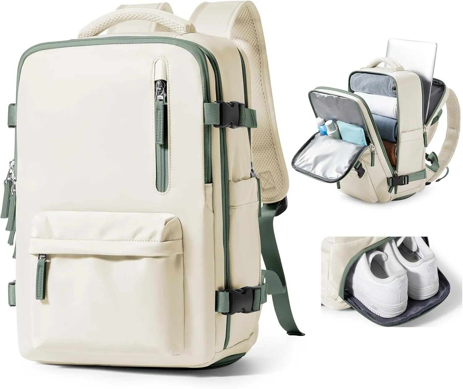 VGCUB Large Travel Backpack Bag for Women Men,Carry on Backpack,17 Inch Laptop Business Work Waterproof Backpack with Laptop Compartment,Person Item Flight Approved,Mochila de Viaje,Beige with Green
