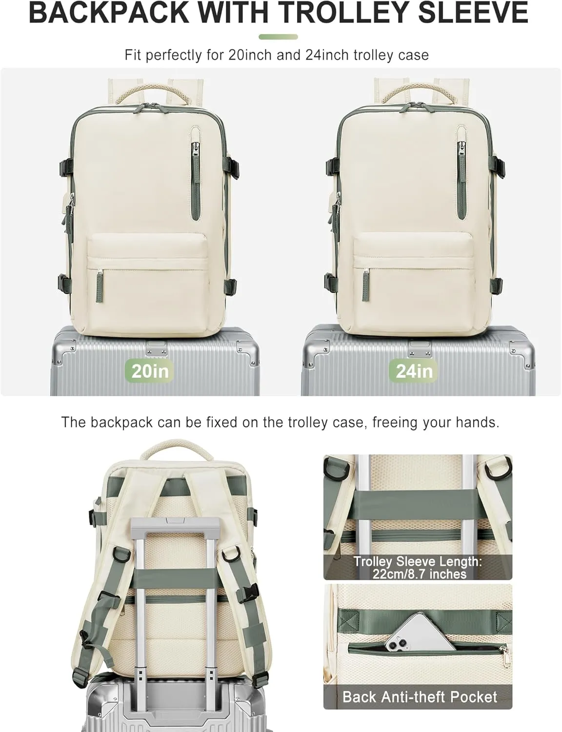 VGCUB Large Travel Backpack Bag for Women Men,Carry on Backpack,17 Inch Laptop Business Work Waterproof Backpack with Laptop Compartment,Person Item Flight Approved,Mochila de Viaje,Beige with Green