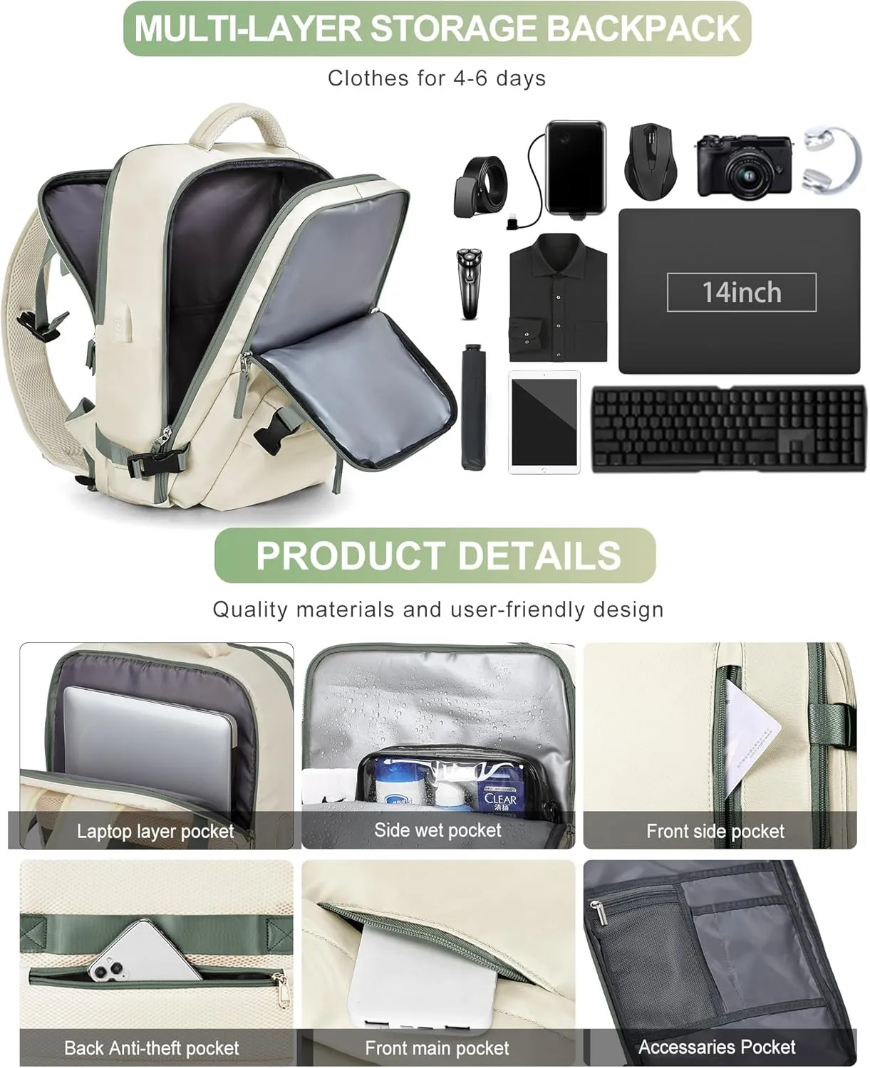 VGCUB Large Travel Backpack Bag for Women Men,Carry on Backpack,17 Inch Laptop Business Work Waterproof Backpack with Laptop Compartment,Person Item Flight Approved,Mochila de Viaje,Beige with Green
