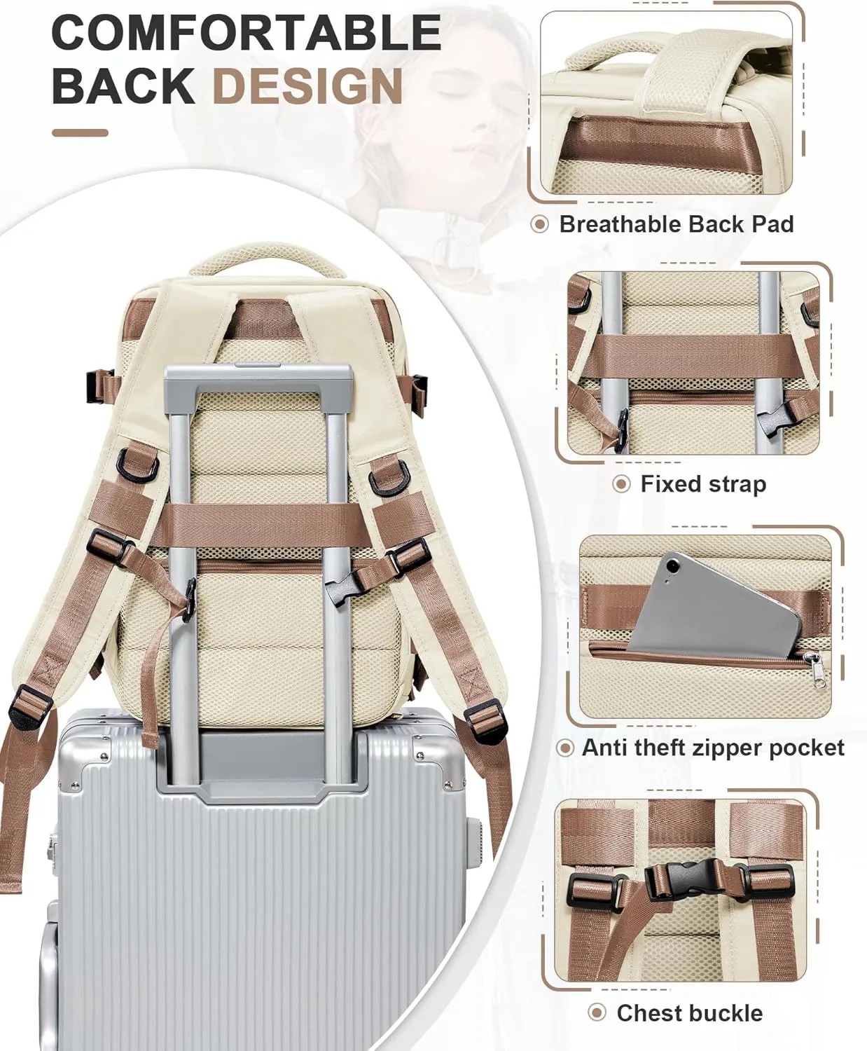 VGCUB Travel Backpack for Women Men for Spirit Airlines Personal Item Bag 18x14x8 Inches Laptop College Backpack,Waterproof Carry on Flight Approved Work Backpack Mochila de Viaje,Beige brown