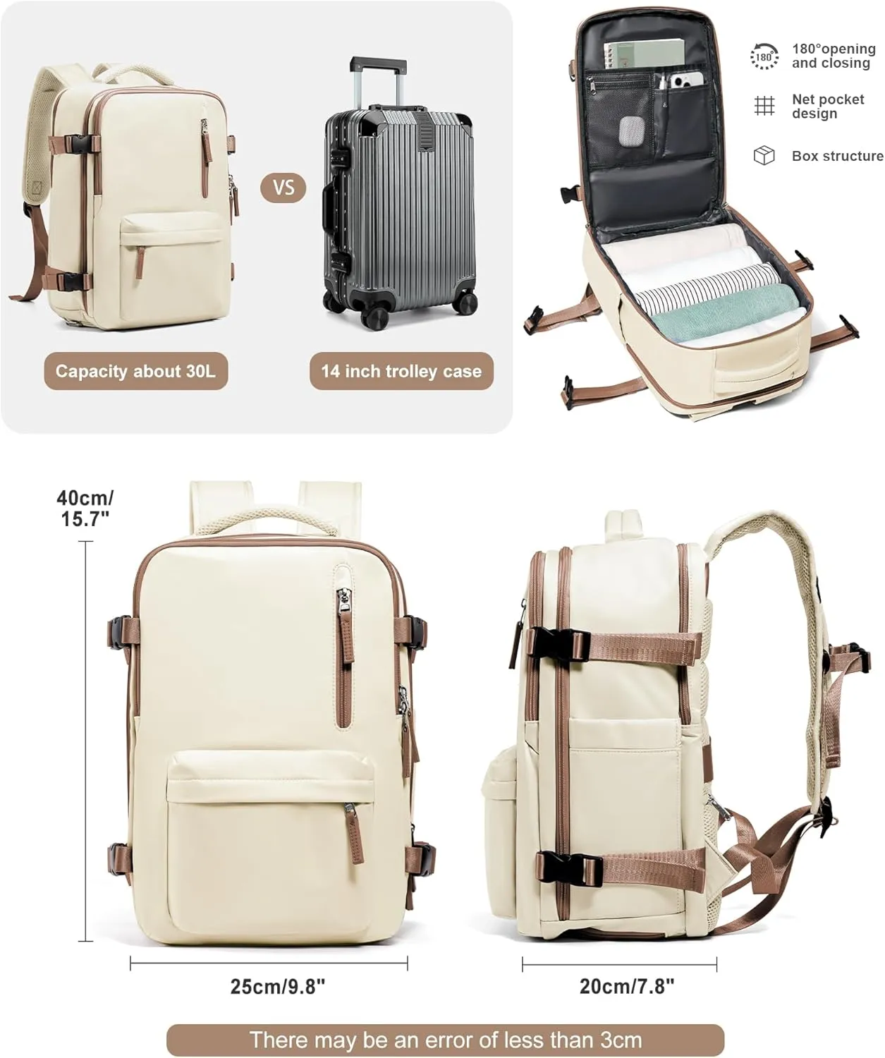 VGCUB Travel Backpack for Women Men for Spirit Airlines Personal Item Bag 18x14x8 Inches Laptop College Backpack,Waterproof Carry on Flight Approved Work Backpack Mochila de Viaje,Beige brown