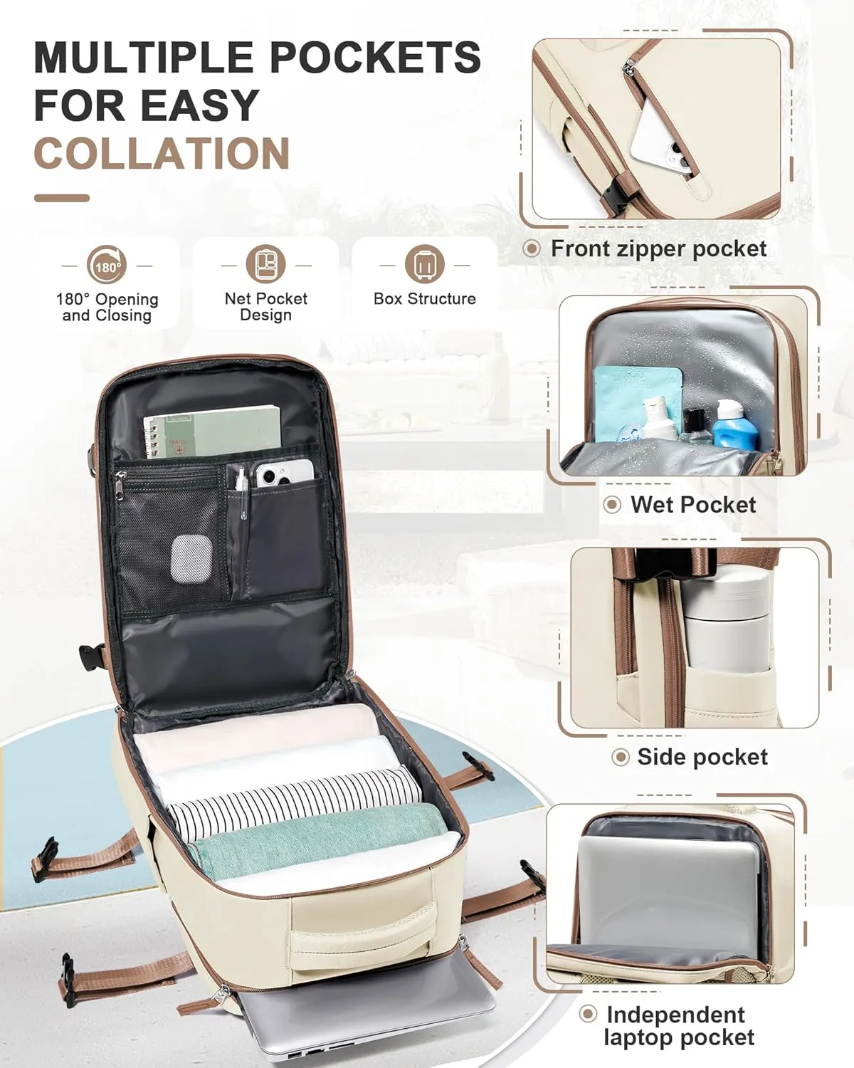 VGCUB Travel Backpack for Women Men for Spirit Airlines Personal Item Bag 18x14x8 Inches Laptop College Backpack,Waterproof Carry on Flight Approved Work Backpack Mochila de Viaje,Beige brown