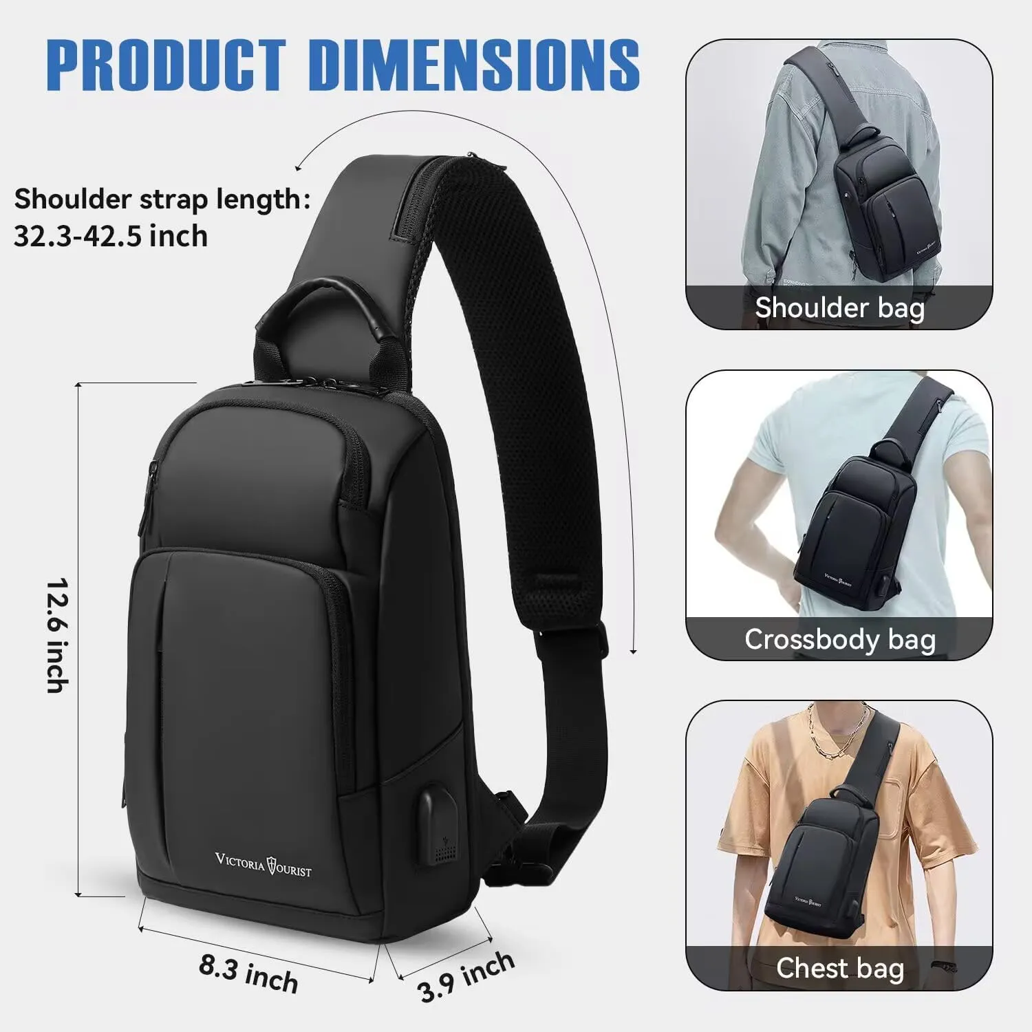 Victoriatourist Sling Bag for Men Women Shoulder Crossbody Backpack Bags With USB Charging Port, Holds 11 Inch Ipad Water Resistant Daily Travel Hiking Chest Bag Casual Daypack, Black
