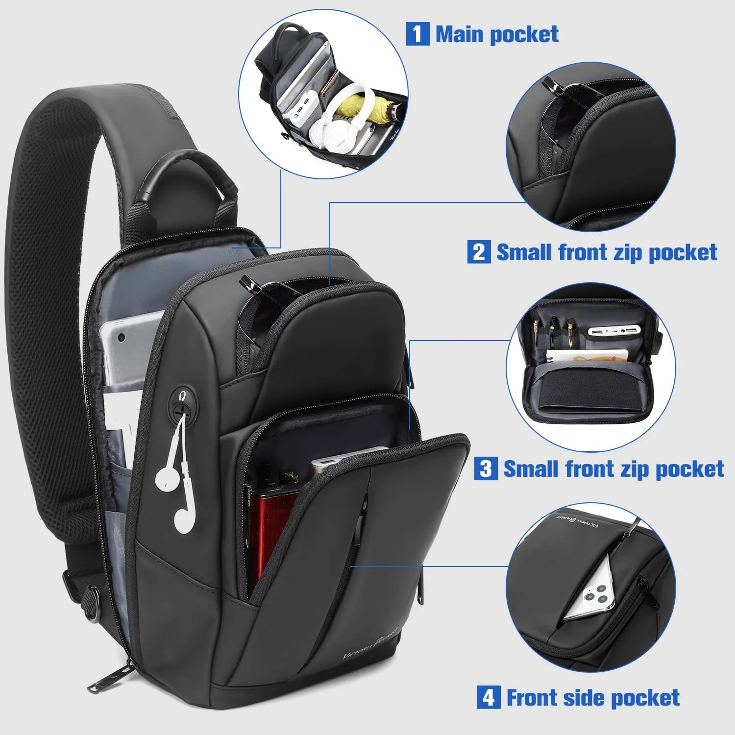 Victoriatourist Sling Bag for Men Women Shoulder Crossbody Backpack Bags With USB Charging Port, Holds 11 Inch Ipad Water Resistant Daily Travel Hiking Chest Bag Casual Daypack, Black