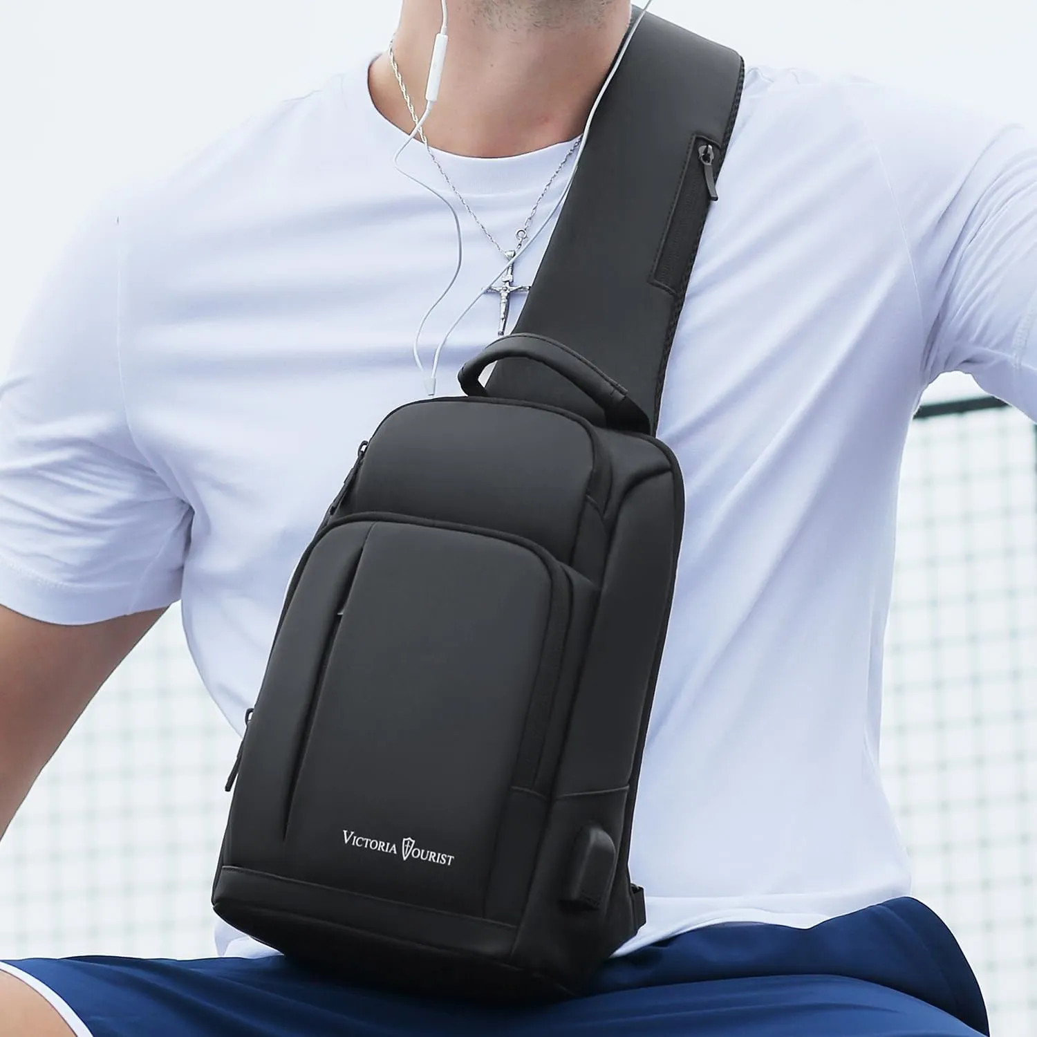 Victoriatourist Sling Bag for Men Women Shoulder Crossbody Backpack Bags With USB Charging Port, Holds 11 Inch Ipad Water Resistant Daily Travel Hiking Chest Bag Casual Daypack, Black