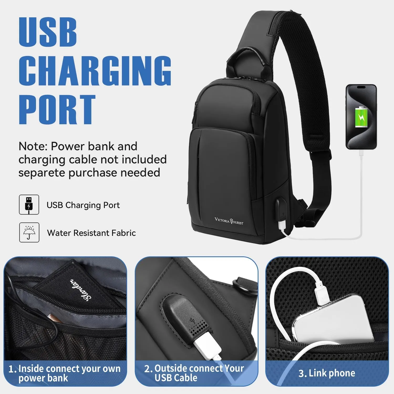 Victoriatourist Sling Bag for Men Women Shoulder Crossbody Backpack Bags With USB Charging Port, Holds 11 Inch Ipad Water Resistant Daily Travel Hiking Chest Bag Casual Daypack, Black