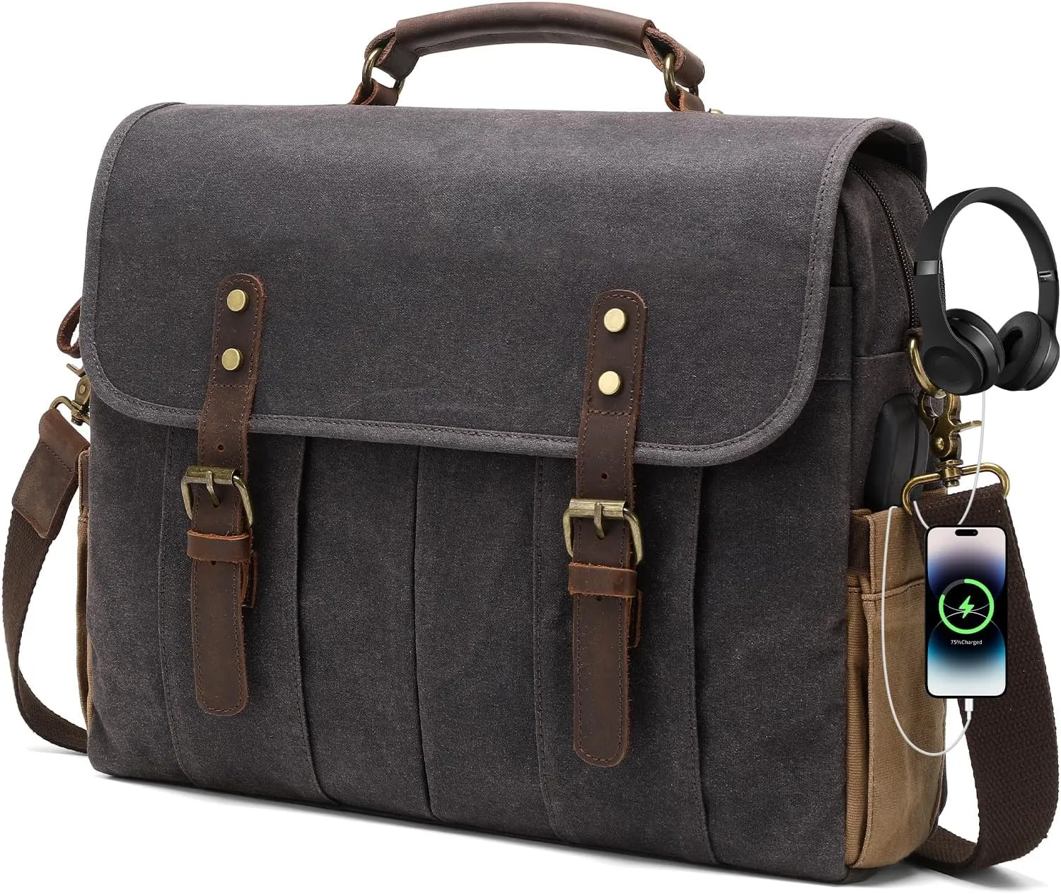 Vintage Mens Messenger Bag 15.6 inches Waterproof Genuine Leather Waxed Canvas Satchel Shoulder Bag Briefcase Laptop Bag with Charging,Headset Port Gray