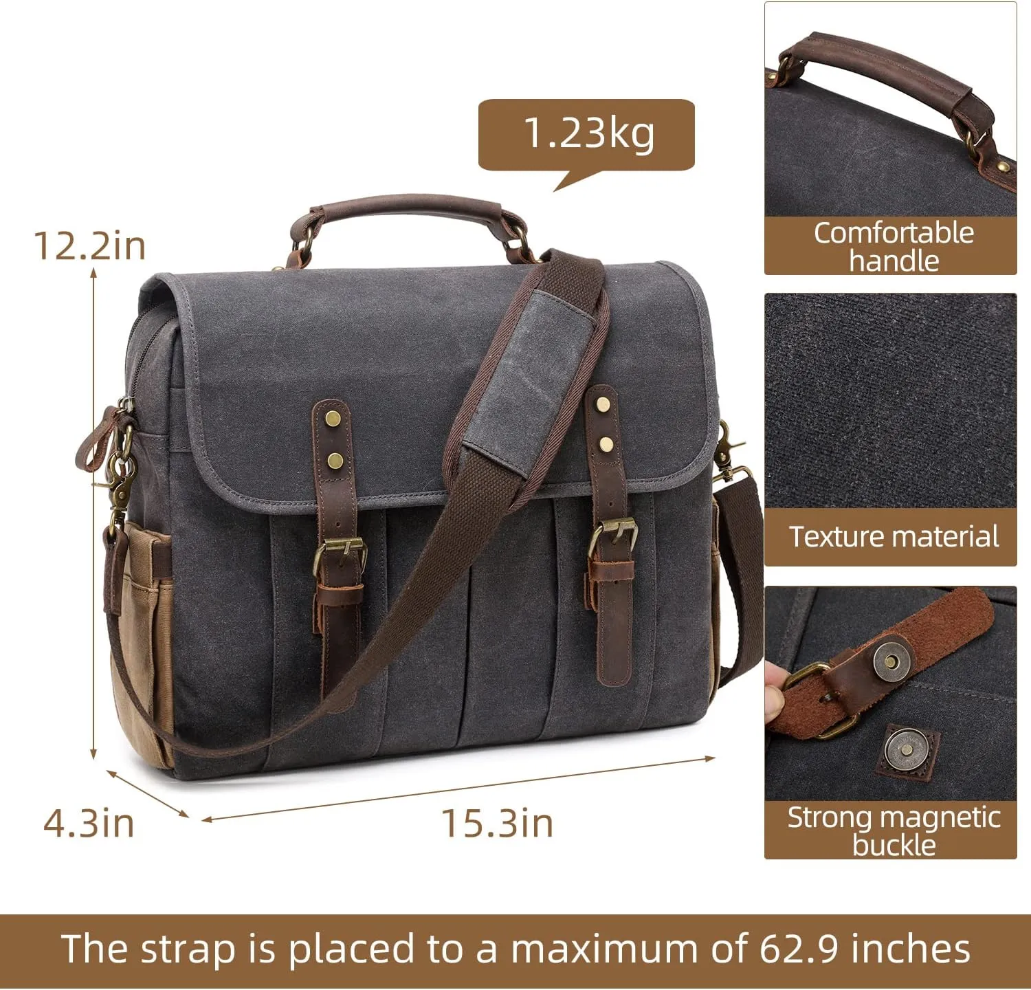 Vintage Mens Messenger Bag 15.6 inches Waterproof Genuine Leather Waxed Canvas Satchel Shoulder Bag Briefcase Laptop Bag with Charging,Headset Port Gray