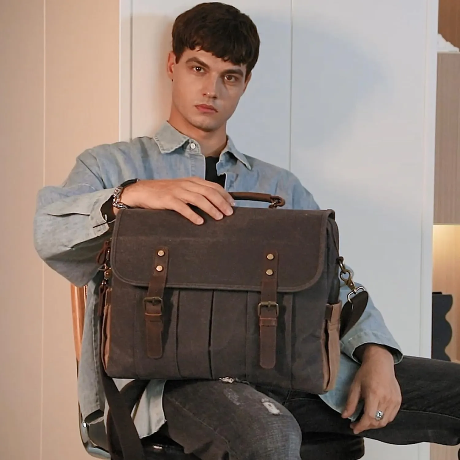 Vintage Mens Messenger Bag 15.6 inches Waterproof Genuine Leather Waxed Canvas Satchel Shoulder Bag Briefcase Laptop Bag with Charging,Headset Port Gray