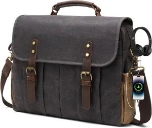 Vintage Mens Messenger Bag 15.6 inches Waterproof Genuine Leather Waxed Canvas Satchel Shoulder Bag Briefcase Laptop Bag with Charging,Headset Port Gray