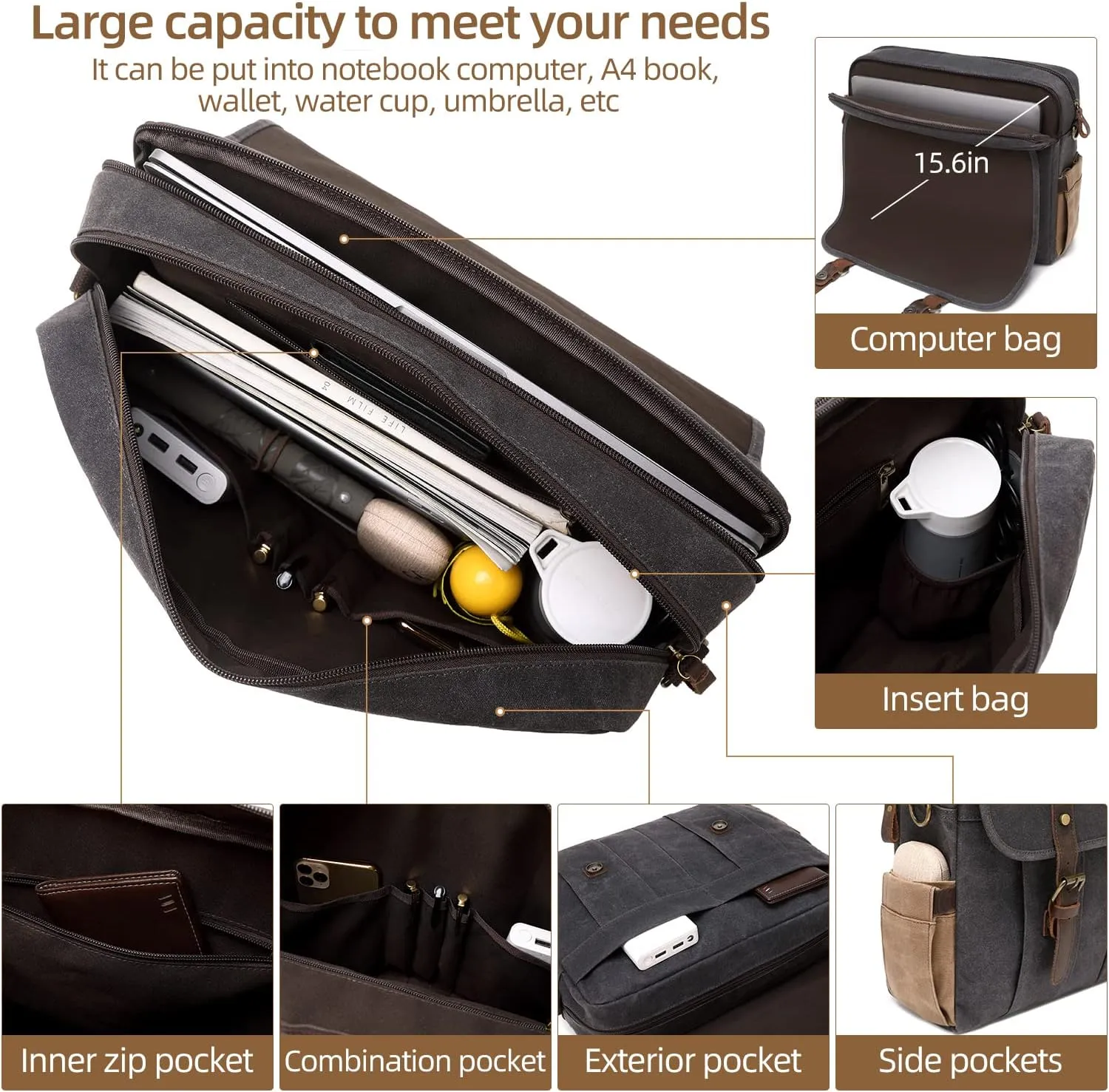 Vintage Mens Messenger Bag 15.6 inches Waterproof Genuine Leather Waxed Canvas Satchel Shoulder Bag Briefcase Laptop Bag with Charging,Headset Port Gray