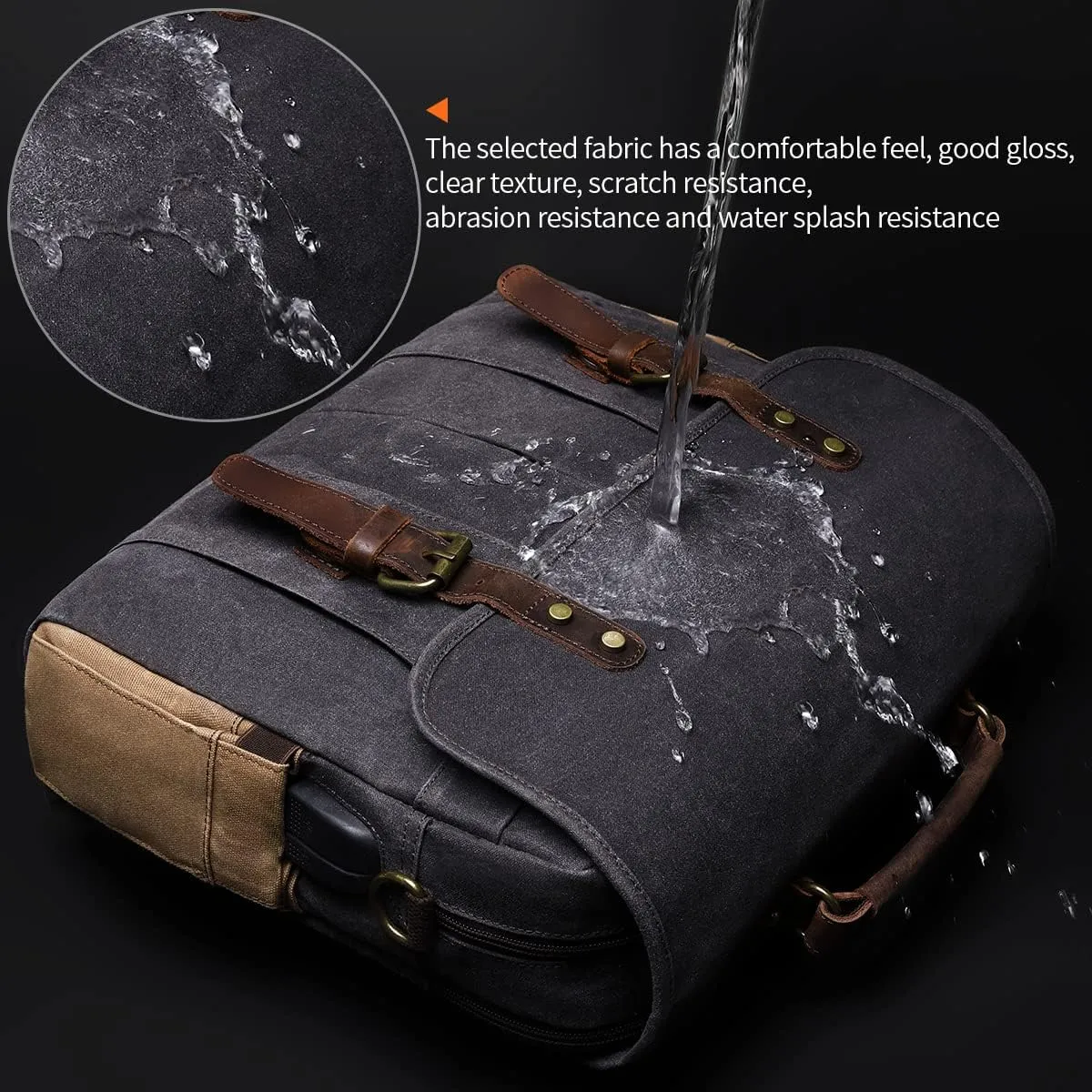 Vintage Mens Messenger Bag 15.6 inches Waterproof Genuine Leather Waxed Canvas Satchel Shoulder Bag Briefcase Laptop Bag with Charging,Headset Port Gray