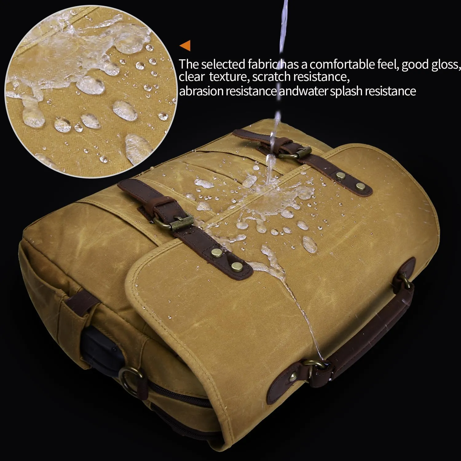 Vintage Mens Messenger Bag 15.6 inches Waterproof Genuine Leather Waxed Canvas Satchel Shoulder Bag Briefcase Laptop Bag with Charging,Headset Port,Khaki