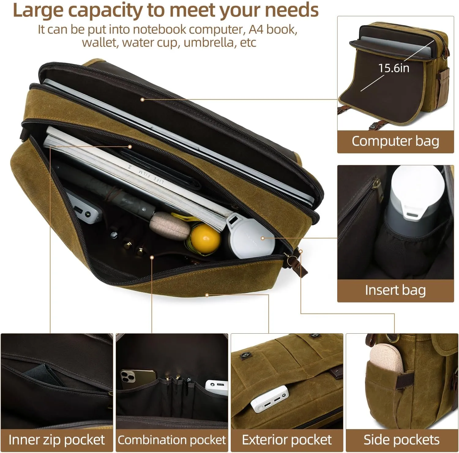 Vintage Mens Messenger Bag 15.6 inches Waterproof Genuine Leather Waxed Canvas Satchel Shoulder Bag Briefcase Laptop Bag with Charging,Headset Port,Khaki