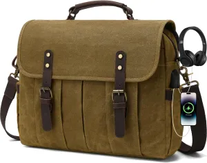 Vintage Mens Messenger Bag 15.6 inches Waterproof Genuine Leather Waxed Canvas Satchel Shoulder Bag Briefcase Laptop Bag with Charging,Headset Port,Khaki